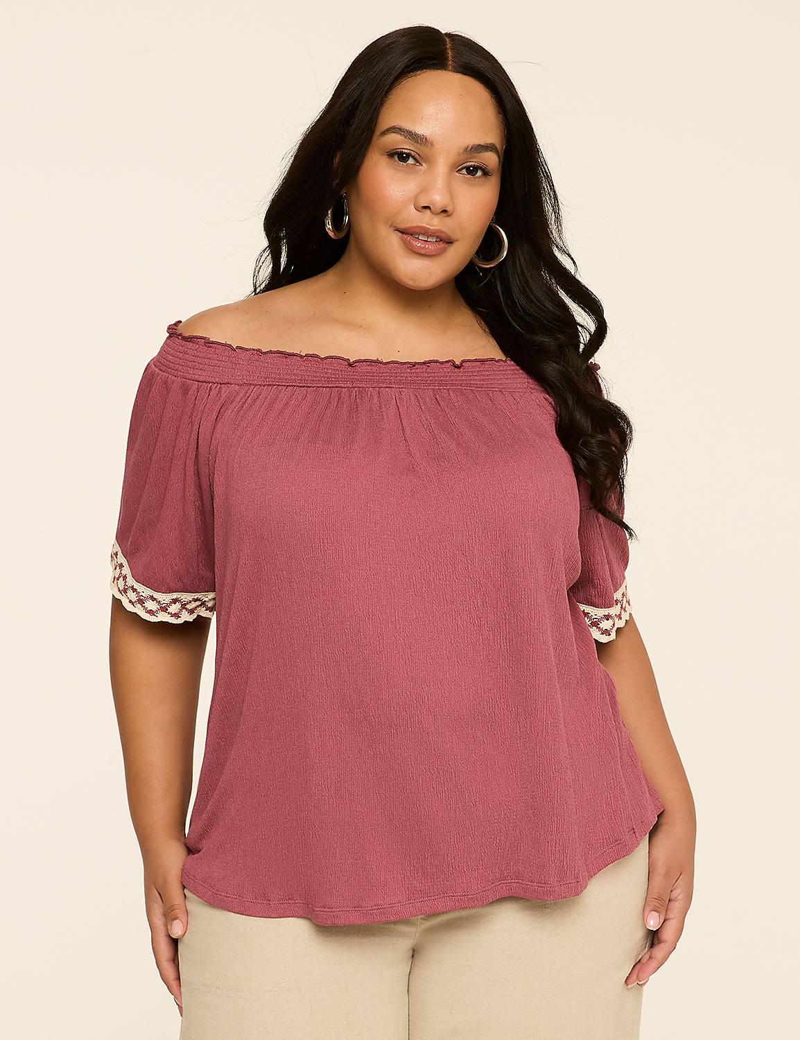 Off-The-Shoulder Crochet-Sleeve Top Product Image 1