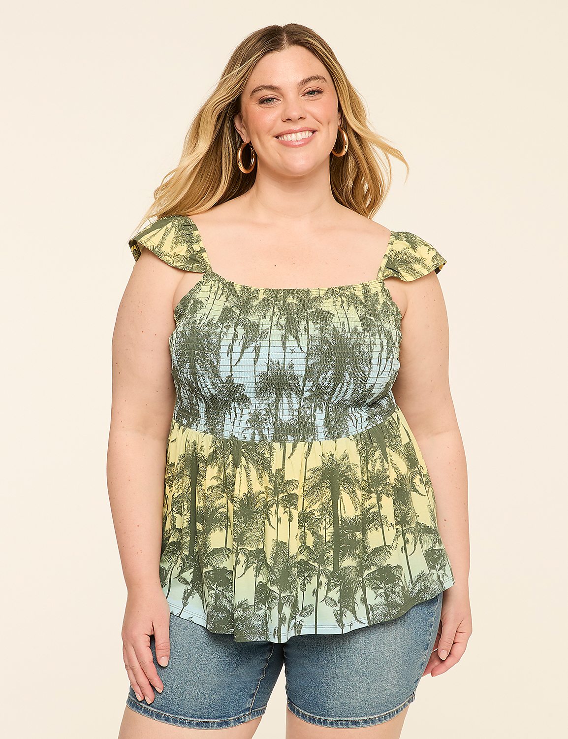 Eyelet-Sleeve Smocked Peplum Top Product Image 1