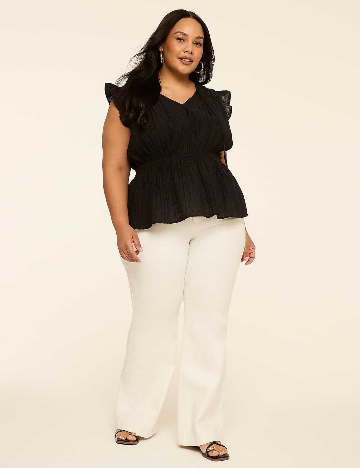 Ruffle-Sleeve Tie-Neck Peplum Top Product Image 4