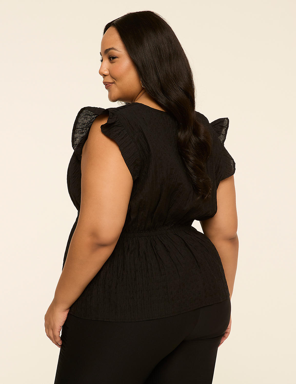 Ruffle-Sleeve Tie-Neck Peplum Top Product Image 2
