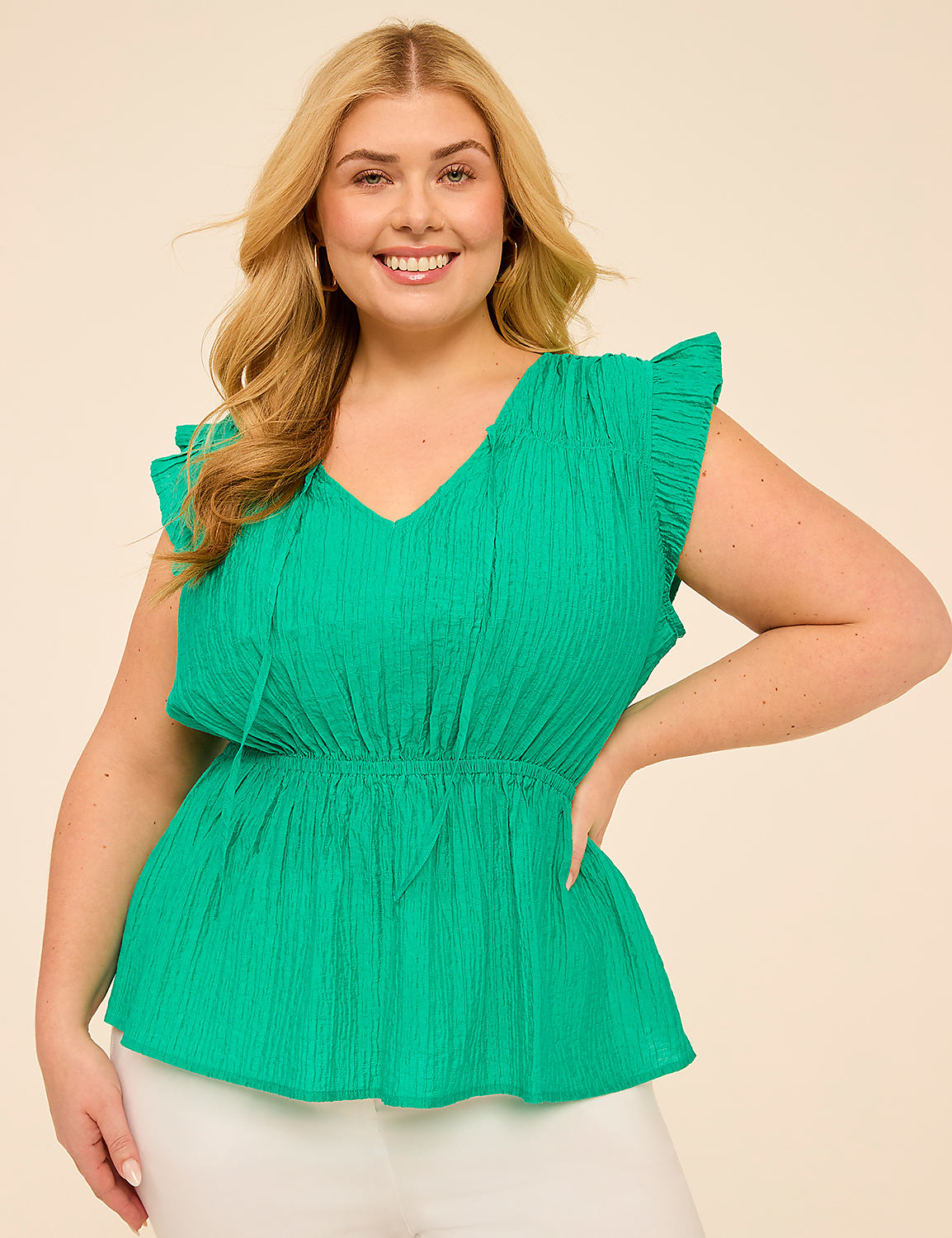 Ruffle-Sleeve Tie-Neck Peplum Top Product Image 1