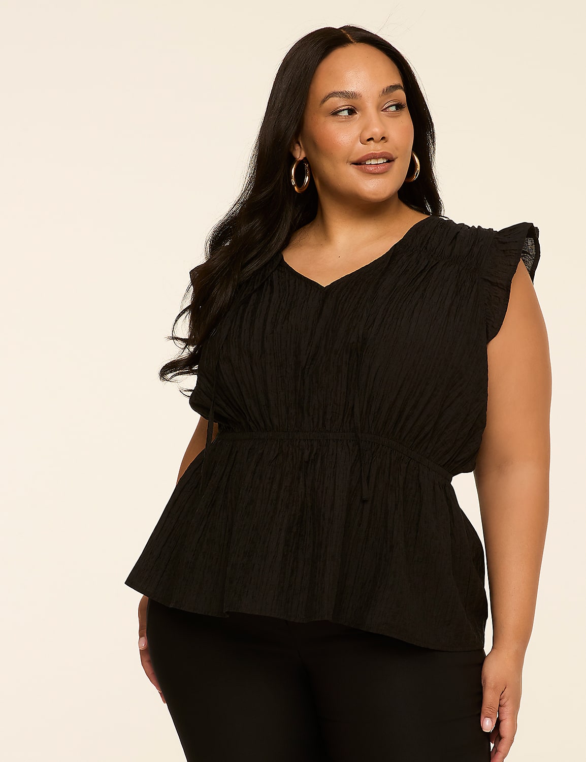 Ruffle-Sleeve Tie-Neck Peplum Top Product Image 1