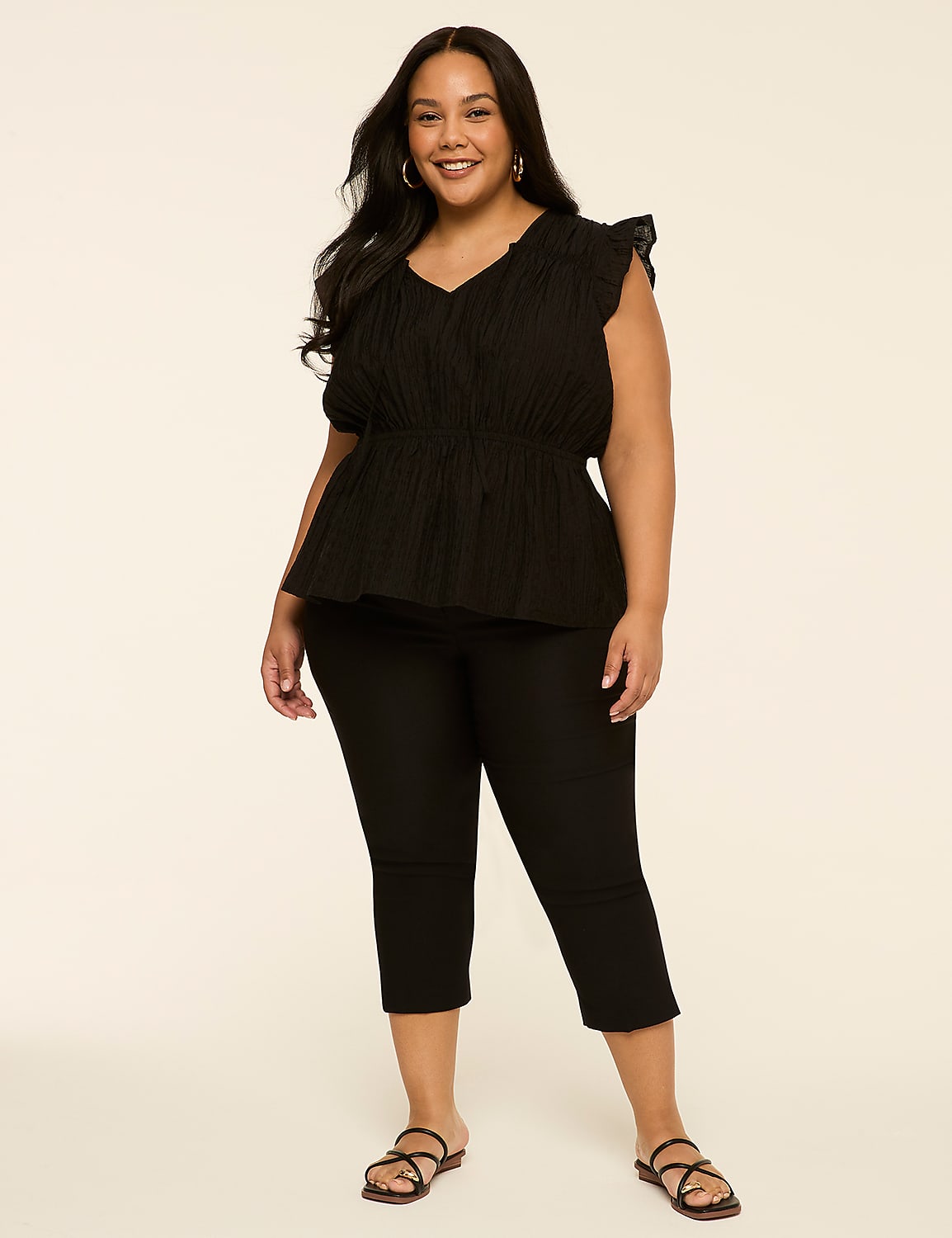 Ruffle-Sleeve Tie-Neck Peplum Top Product Image 3