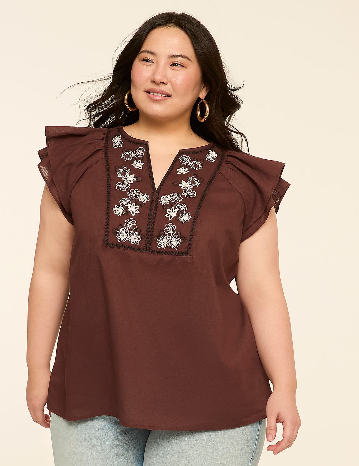 Double Flutter-Sleeve Split-Neck Top Product Image 1