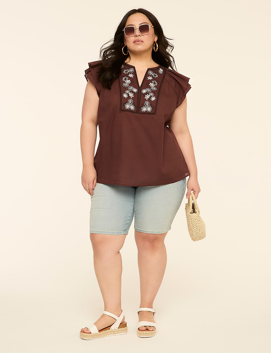 Double Flutter-Sleeve Split-Neck Top Product Image 4