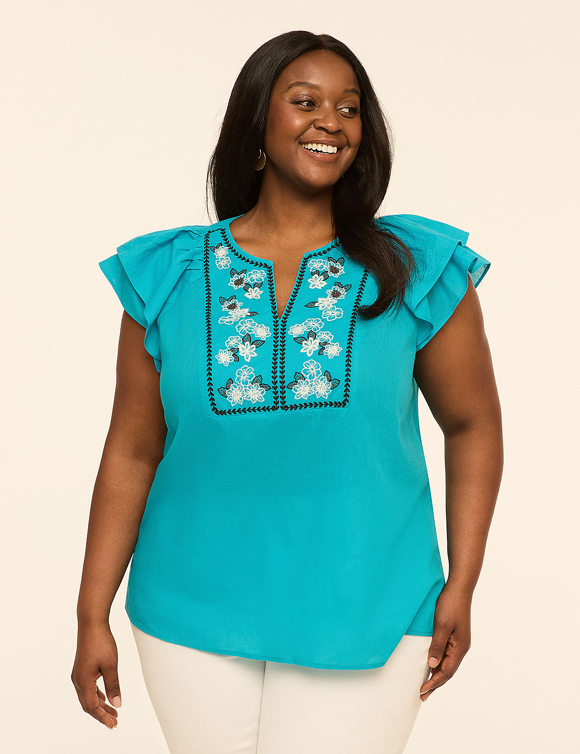 Double Flutter-Sleeve Split-Neck Top Product Image 1