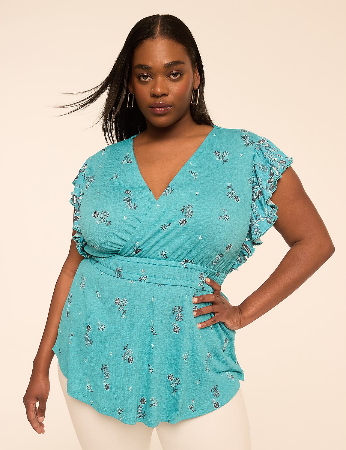 Double Flutter-Sleeve Faux-Wrap Peplum Top Product Image 1
