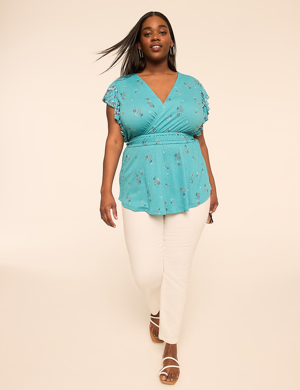 Double Flutter-Sleeve Faux-Wrap Peplum Top Product Image 3