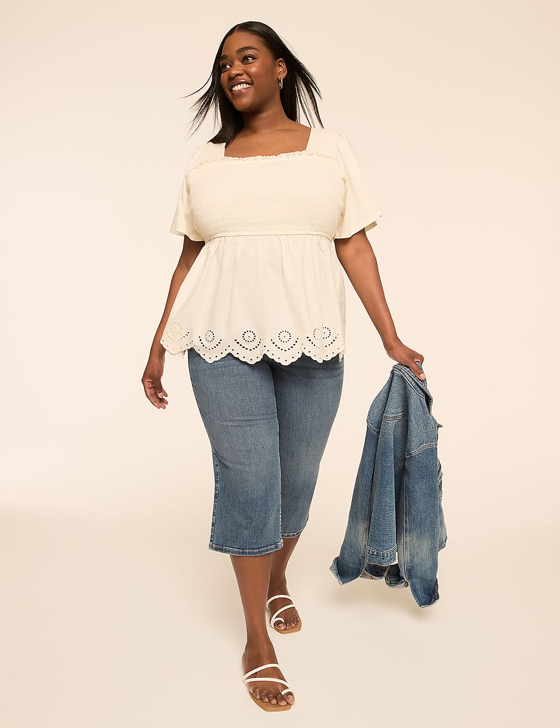 Smocked-Bodice Eyelet-Hem Peplum Top Product Image 3