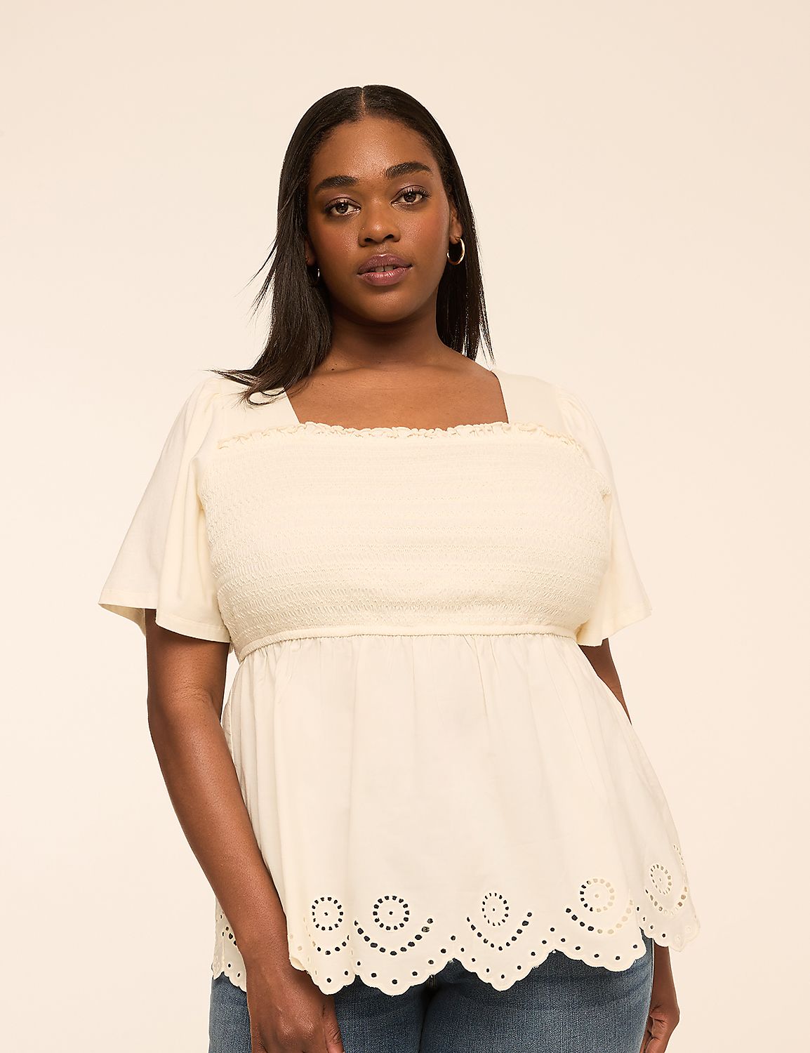 Smocked-Bodice Eyelet-Hem Peplum Top Product Image 1