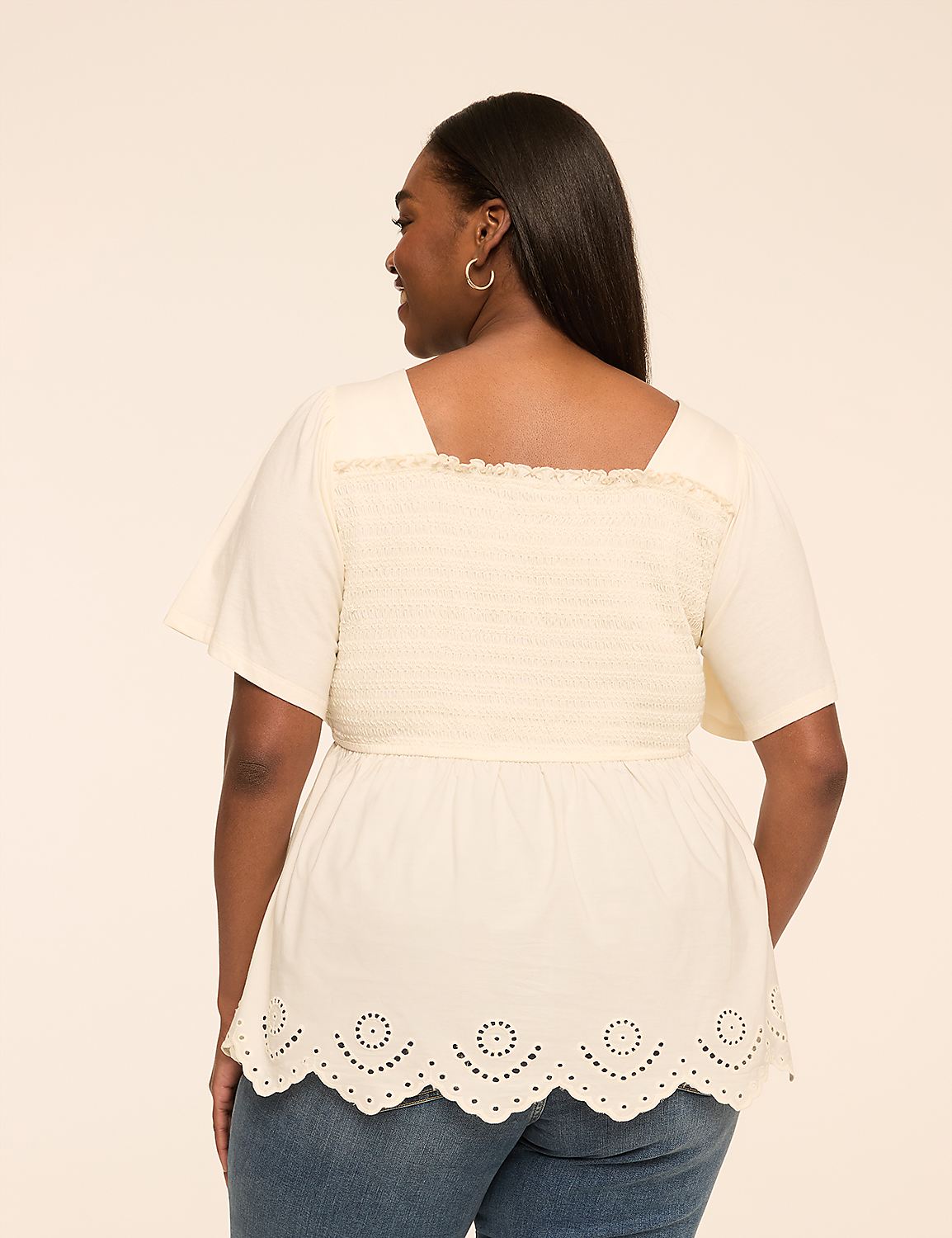 Smocked-Bodice Eyelet-Hem Peplum Top Product Image 2