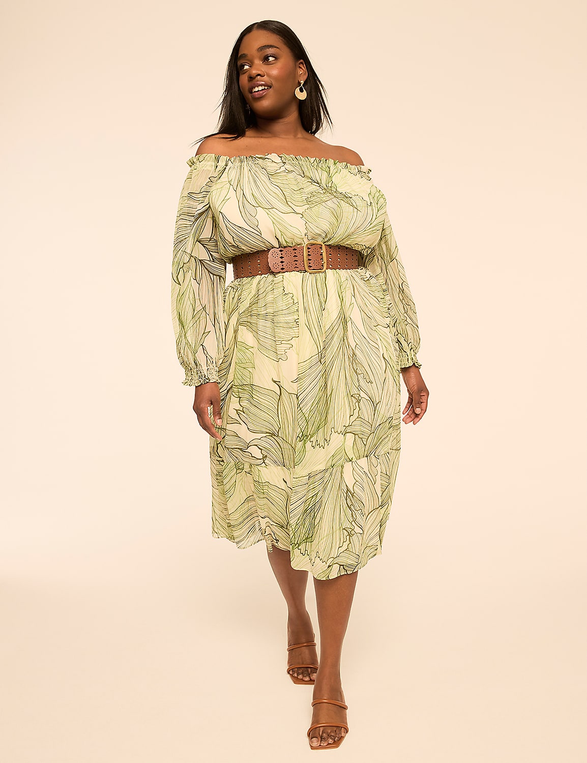 Long-Sleeve Off-The-Shoulder Midi Dress Product Image 1