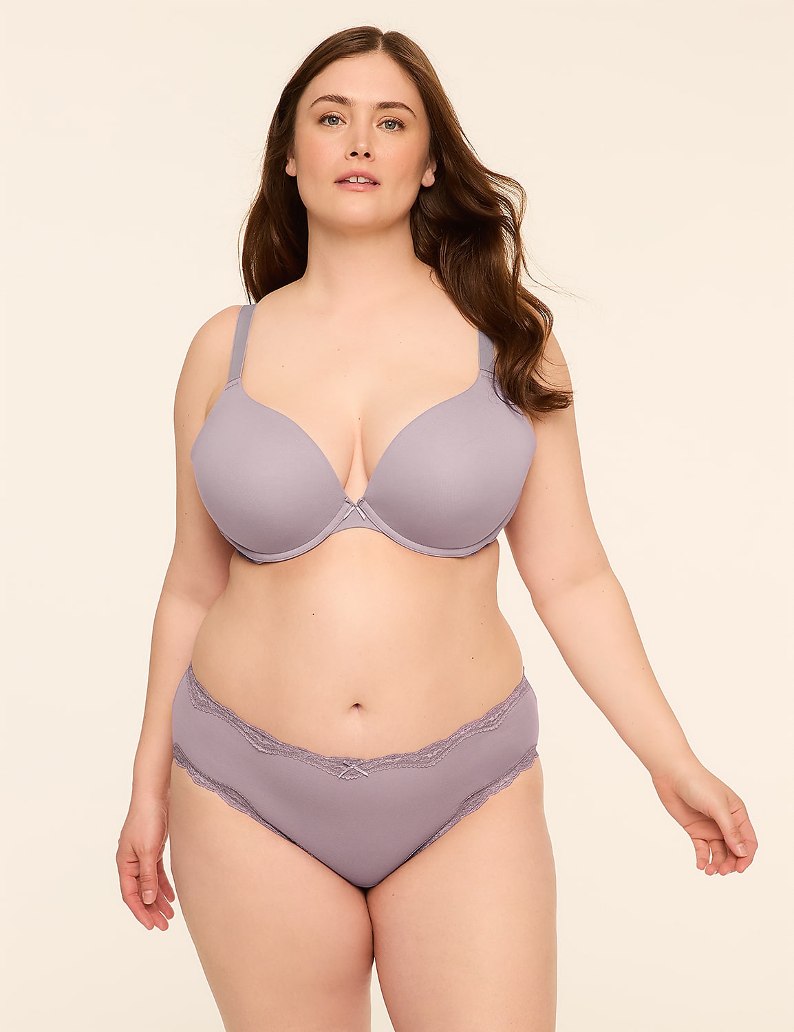 A woman in a lavender bra and underwear stands against a plain, light-colored background. Product Image 4