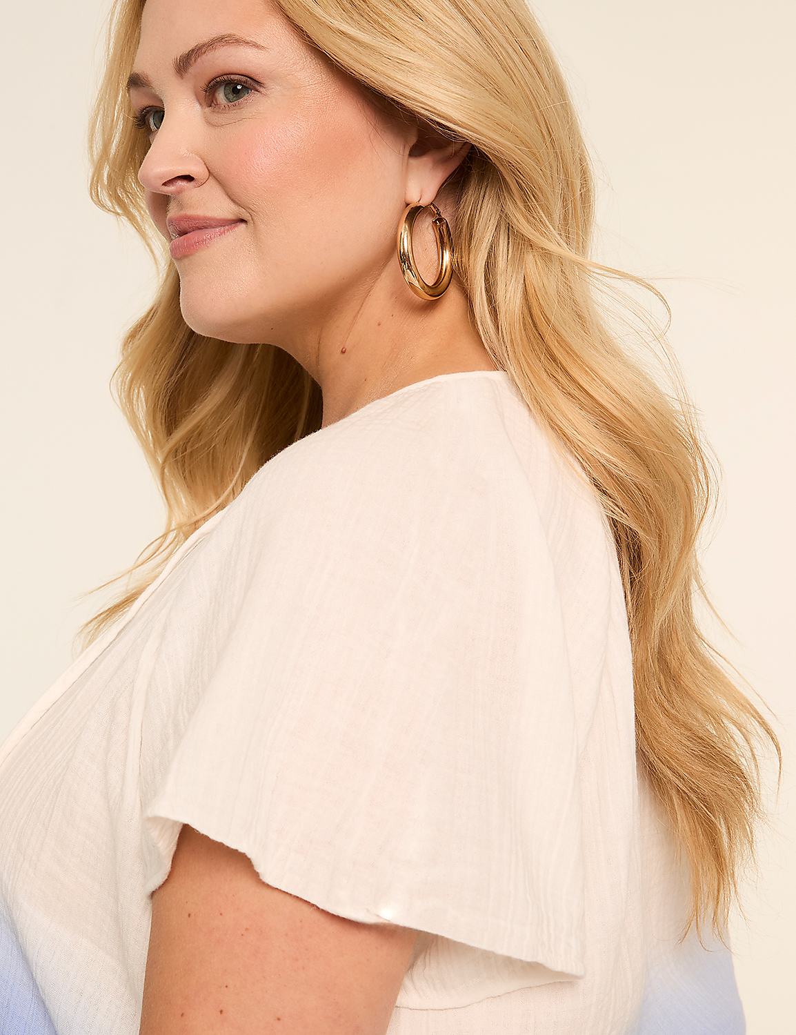 A blonde woman in a white top with lace detailing smiles as she looks to the left against a plain, light background. Product Image 2