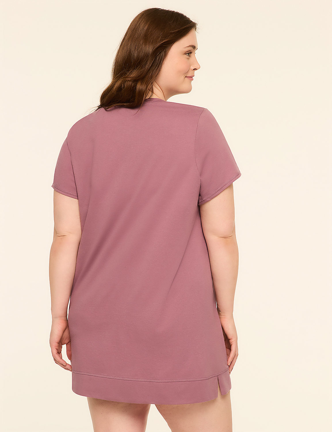 A woman in a mauve t-shirt dress stands against a plain, light-colored background. Product Image 2