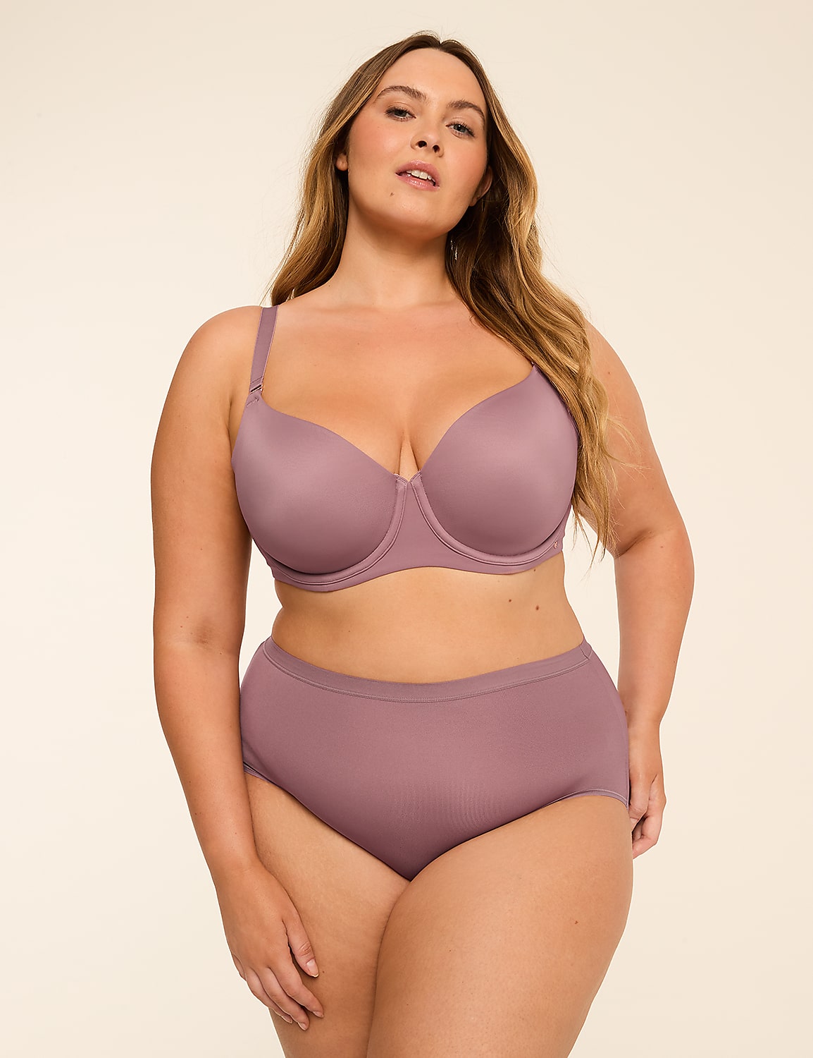 A plus-size woman in a mauve bra and matching high-waisted underwear stands against a plain, light-colored background. Product Image 4
