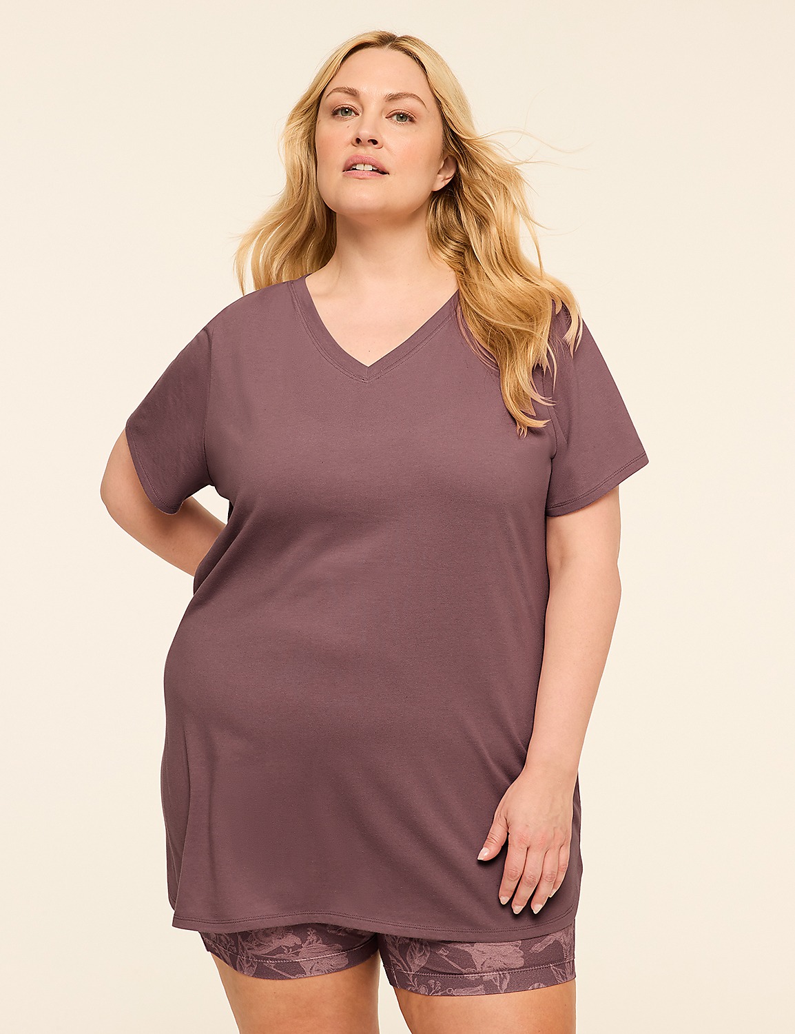 Comfy Cotton V-Neck Tunic Tee & Bike Short PJ Set Product Image 1