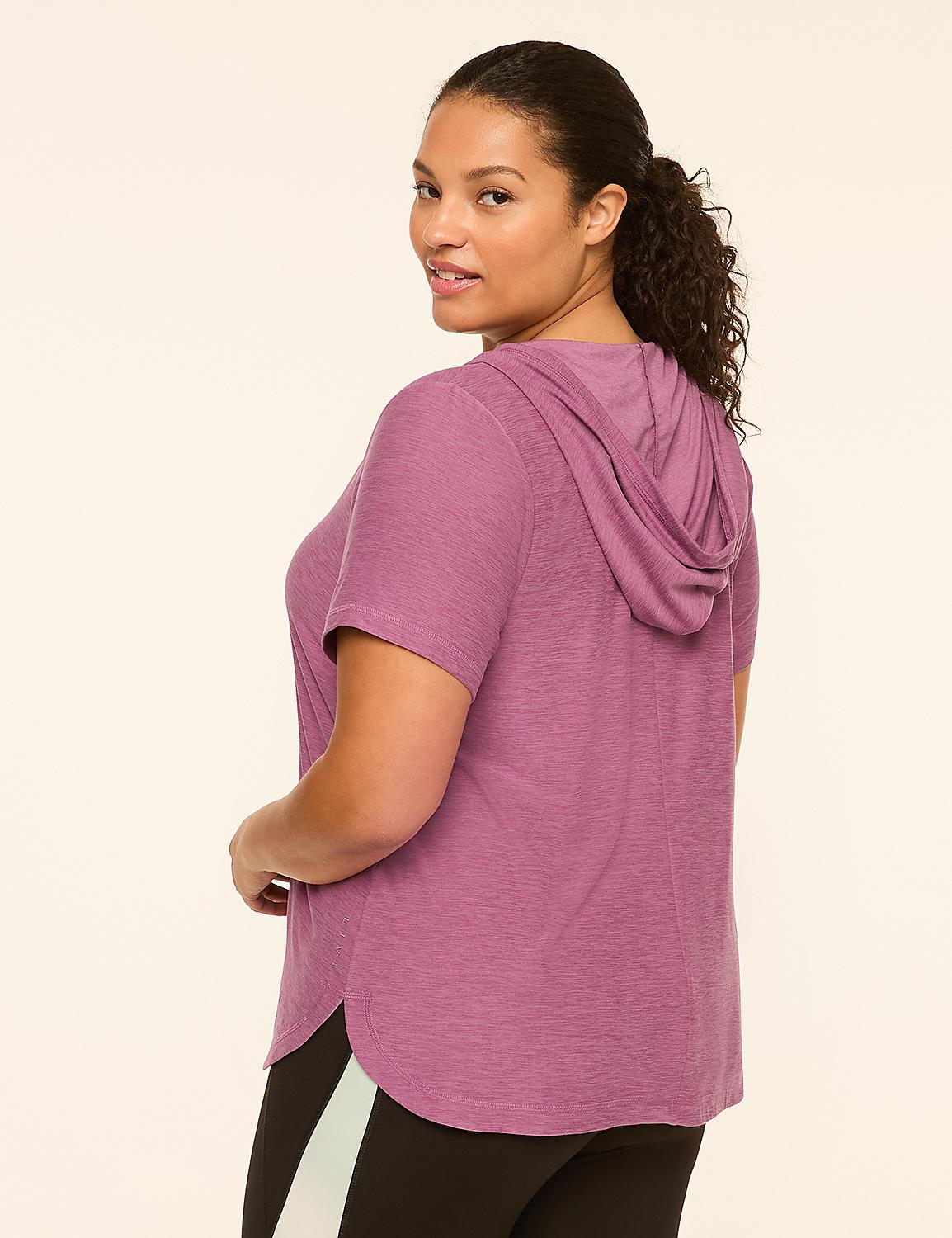 A woman in a purple hooded shirt and black leggings poses against a plain, light background. Product Image 2