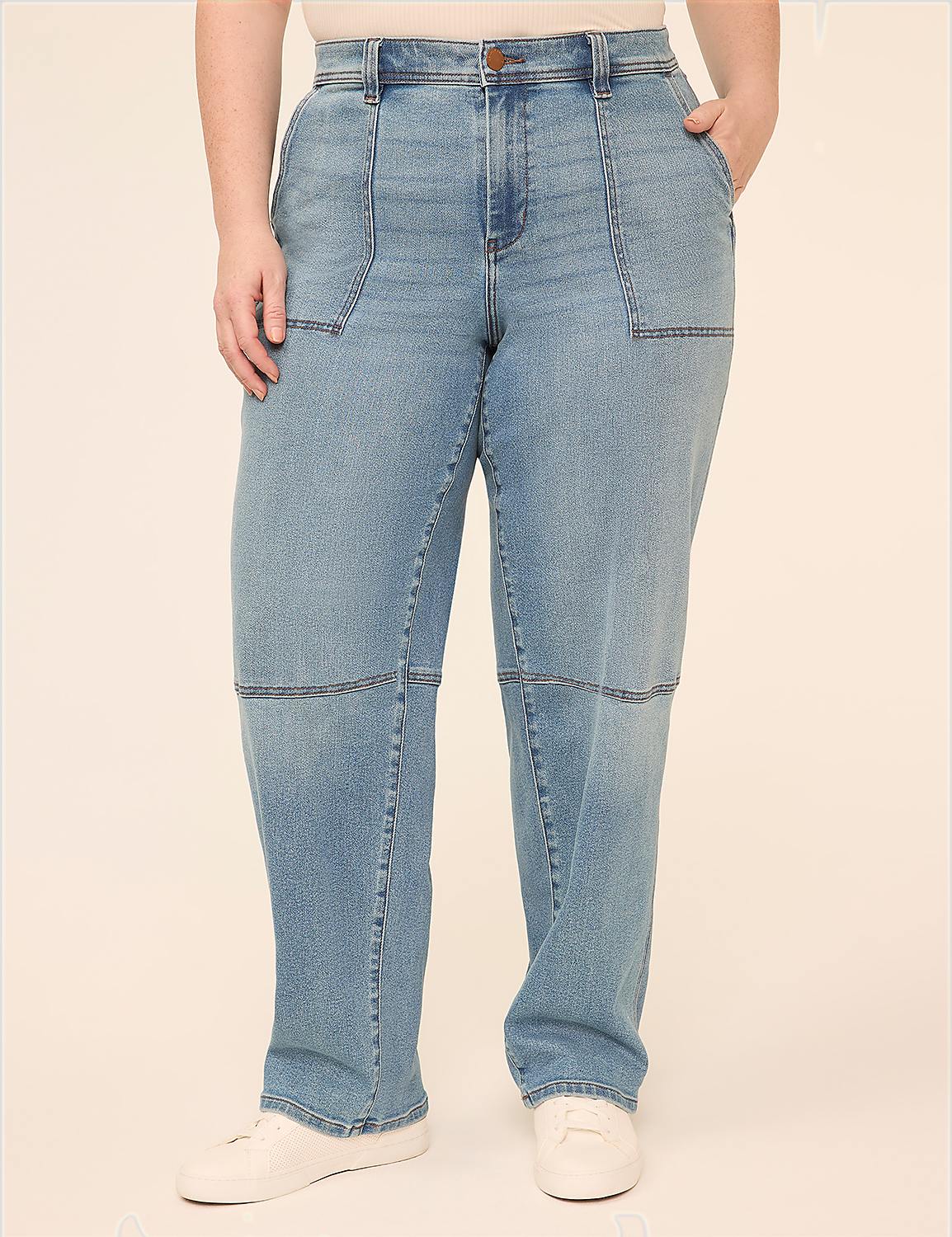 A person wearing light-wash denim jeans with white sneakers stands against a plain, light-colored background. Product Image 1