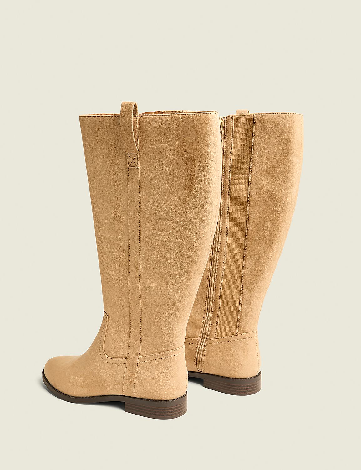 Two tan suede knee-high boots stand on a plain light gray background. Product Image 2
