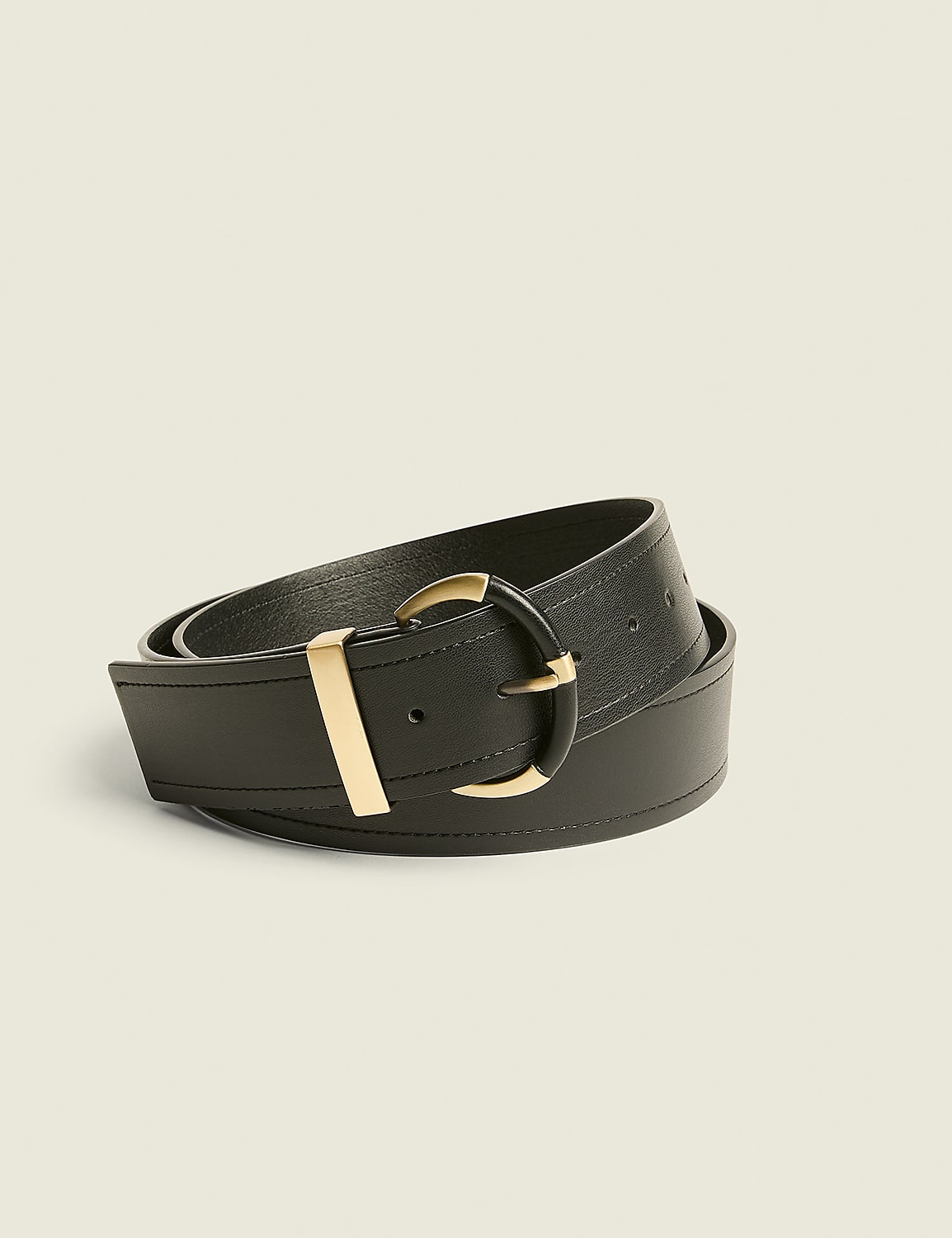 A black leather belt with a gold buckle is coiled on a plain, light-colored background. Product Image 1