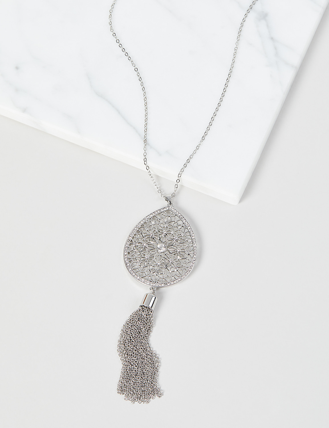 Filigree Pendant Tassel Necklace - Silvertone Product Image 1