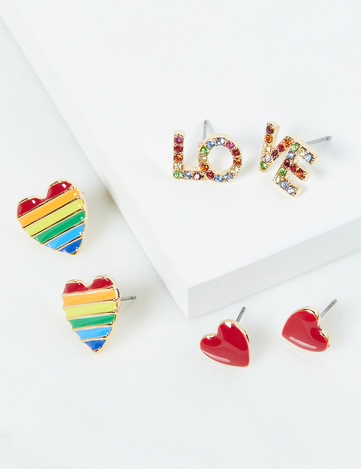 Stud Earrings 3-Pack - Rainbow Colors & Pave Hearts Product Image 1