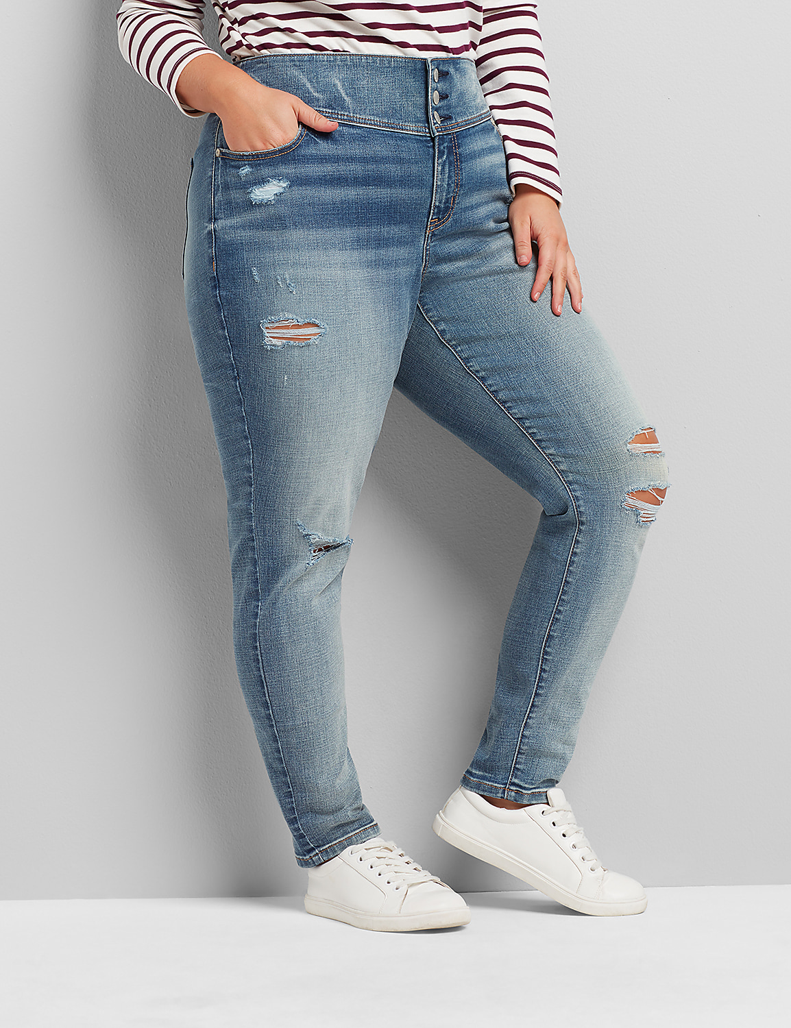High-Rise 3-Button Jegging - Light Wash With Destruction Product Image 1