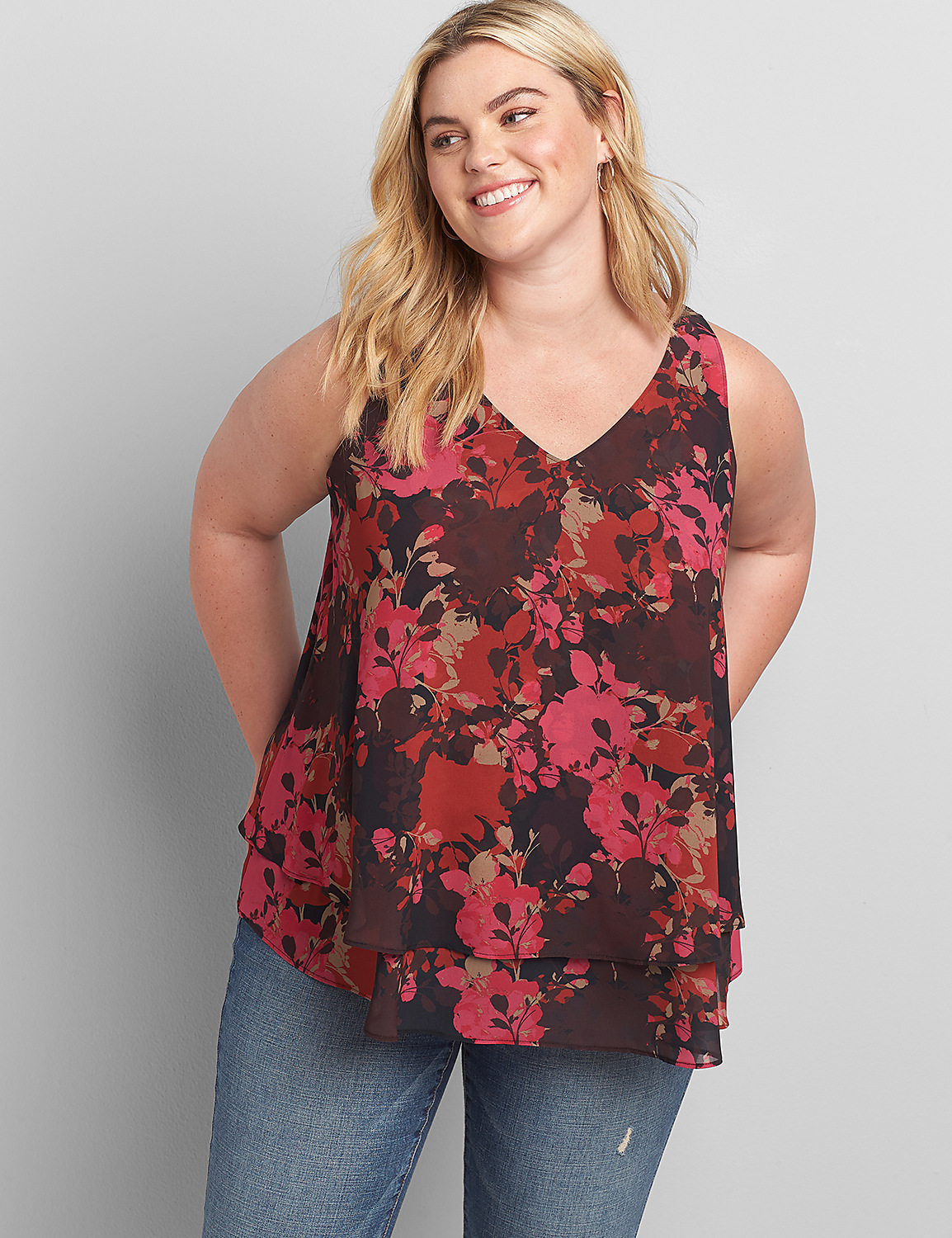 Lane Essentials Printed Double Layer V-Neck Swing Tank Product Image 1