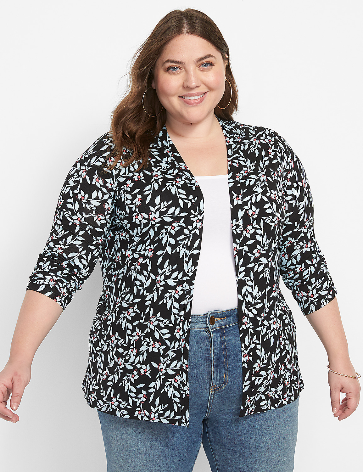 Classic 3/4 Ruched-Sleeve Open-Front Overpiece Product Image 1