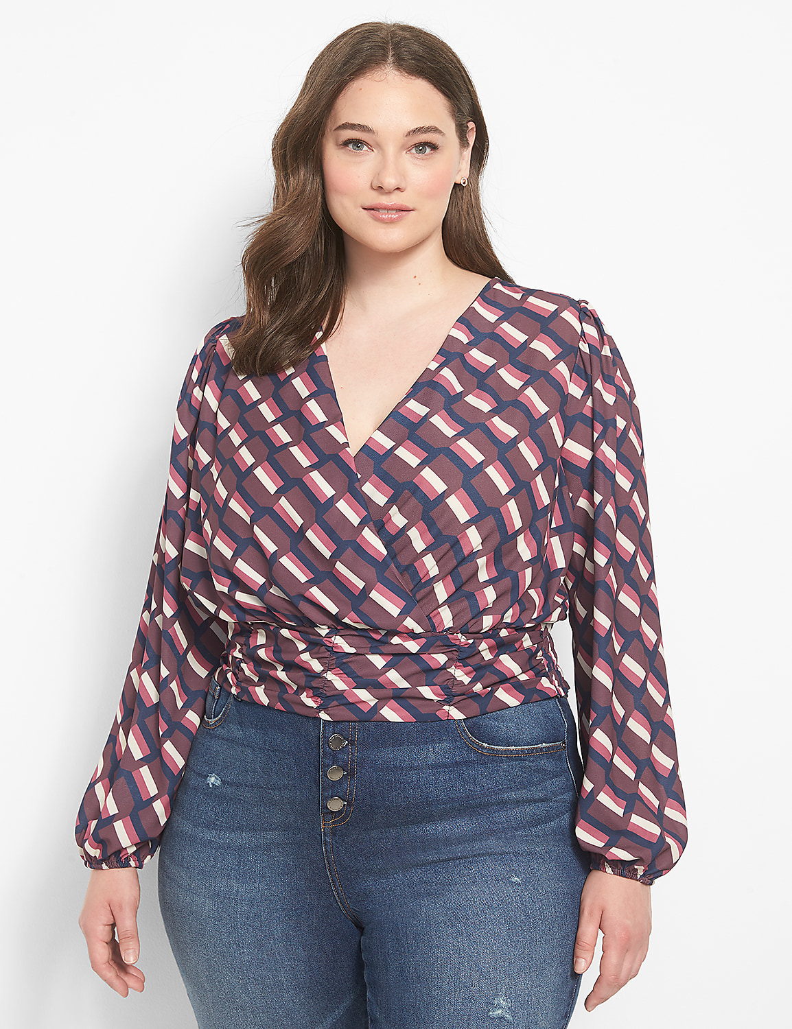 Classic Long-Sleeve Surplice-Neck Shirred-Waist Crop Blouse Product Image 1