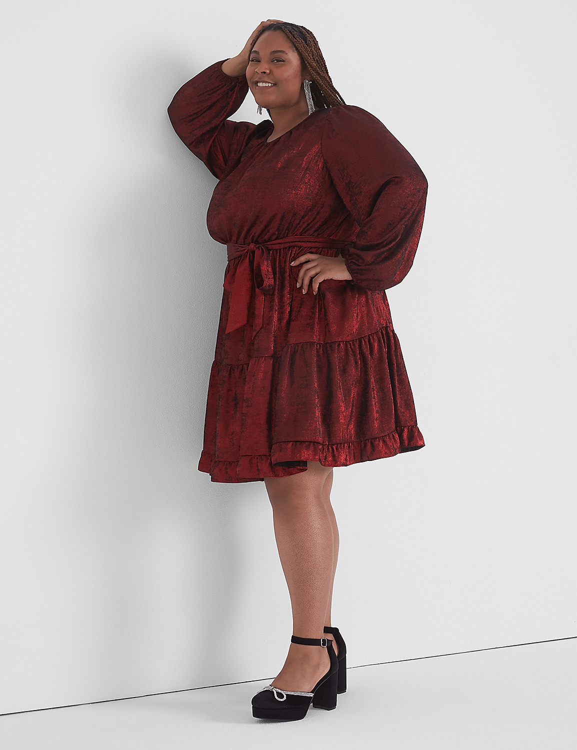 Blouson-Sleeve Belted Fit & Flare Dress Product Image 1