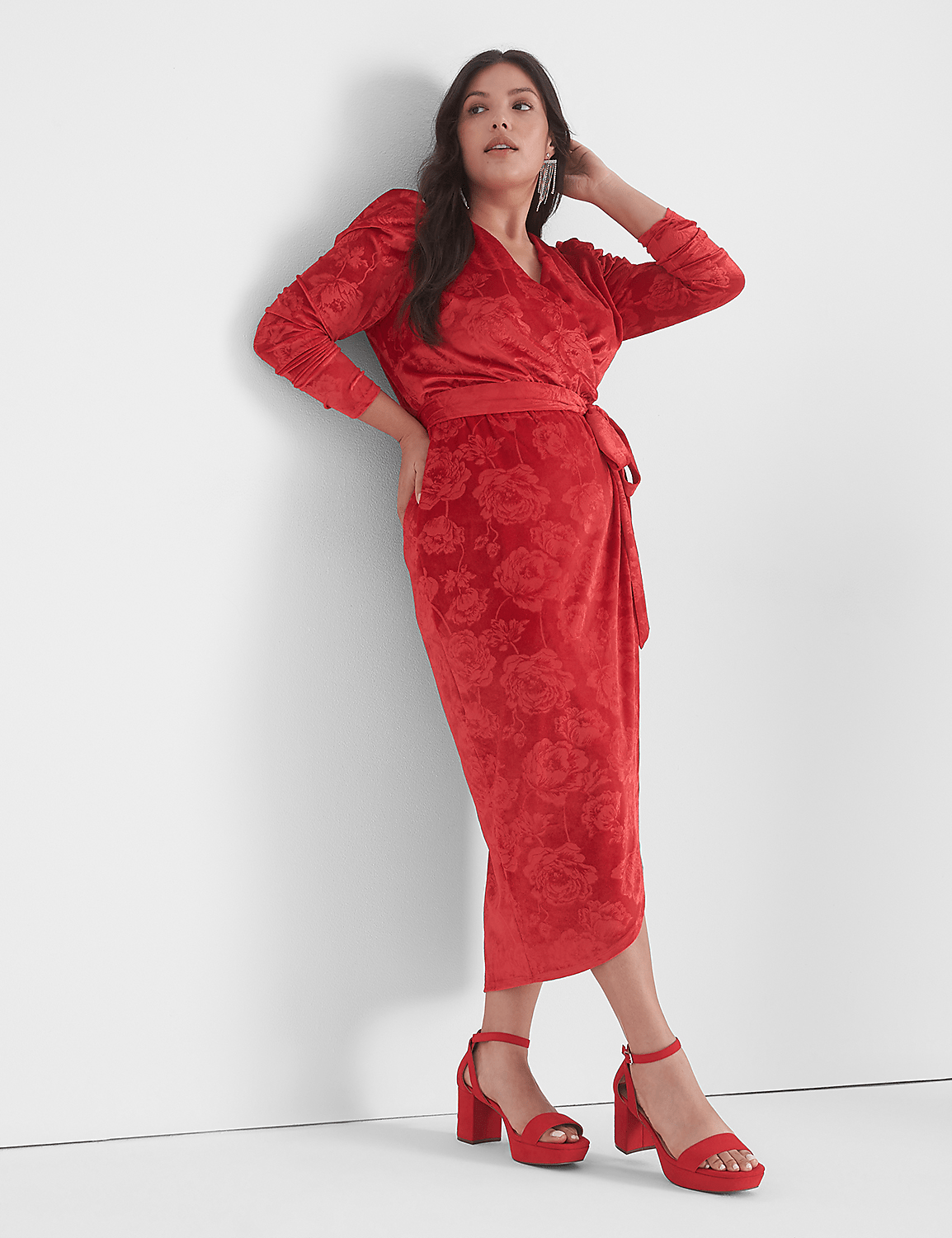 Puff-Sleeve Embossed Velvet Midi Dress Product Image 1