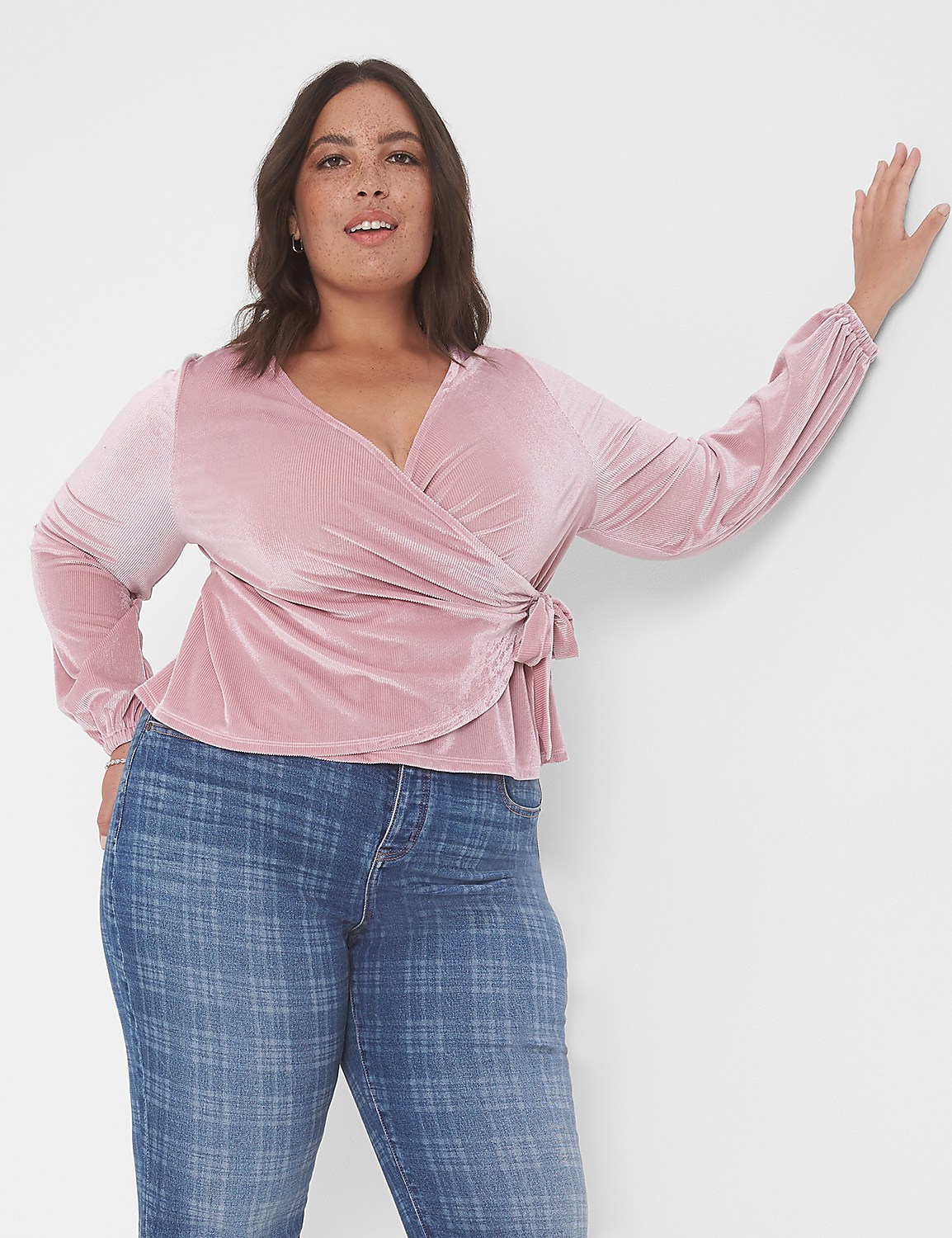 Classic Blouson-Sleeve Surplice Tie Velour Top Product Image 1