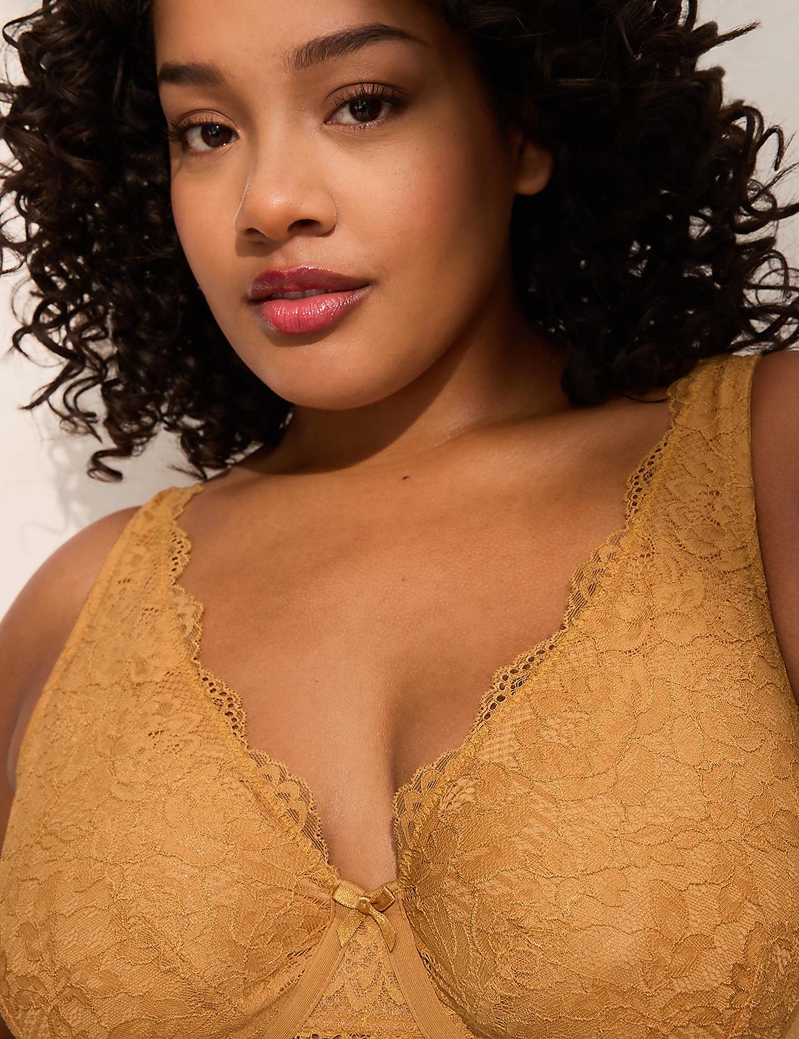 A woman with curly dark hair and a mustard-colored lace bra is shown against a plain white background. Product Image 2