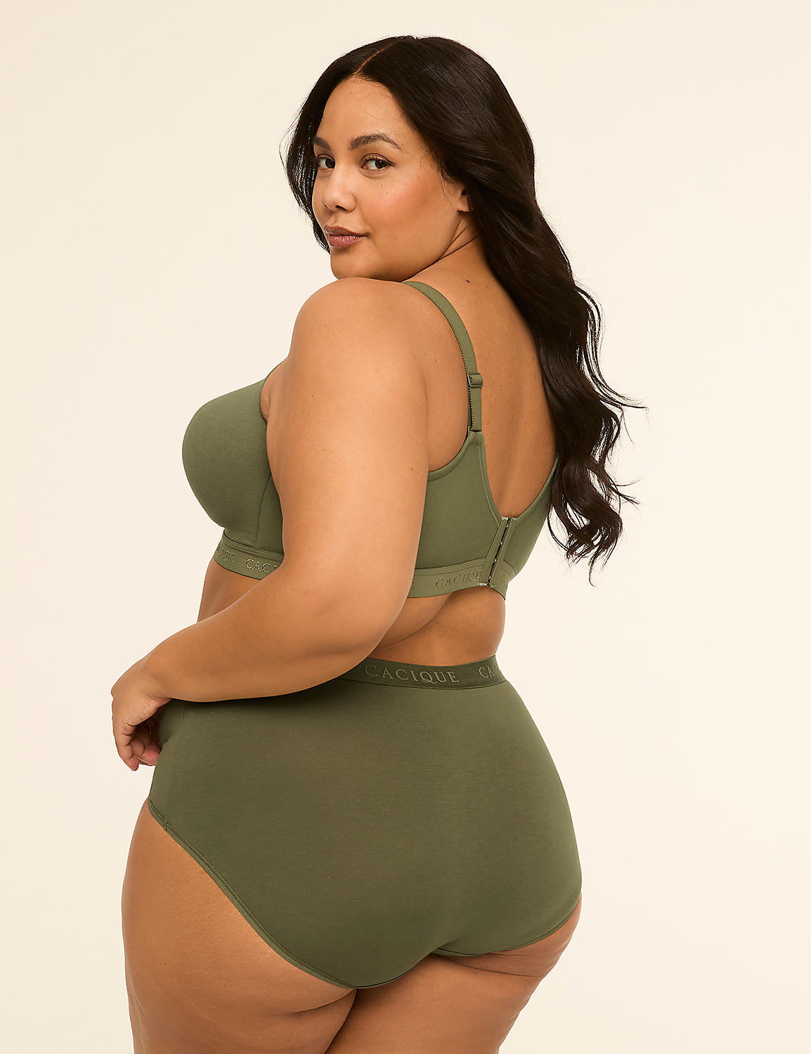 A plus-size woman in olive green lingerie poses against a plain, light background. Product Image 2