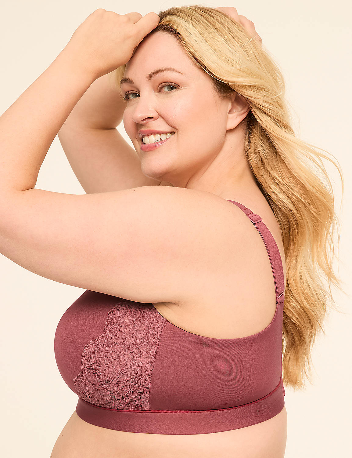 A smiling woman with blonde hair poses in a mauve bra with lace detailing against a plain, light-colored background. Product Image 3