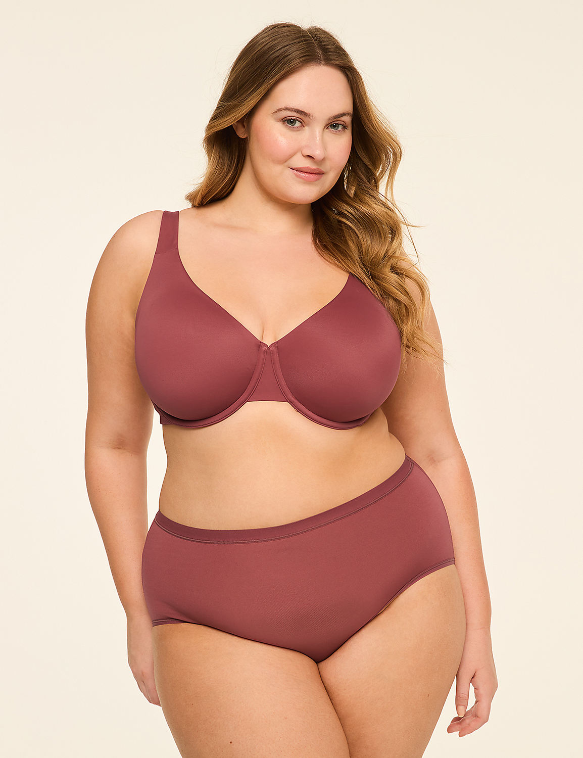 A plus-size woman in a mauve bra and matching underwear stands against a plain, light-colored background. Product Image 4