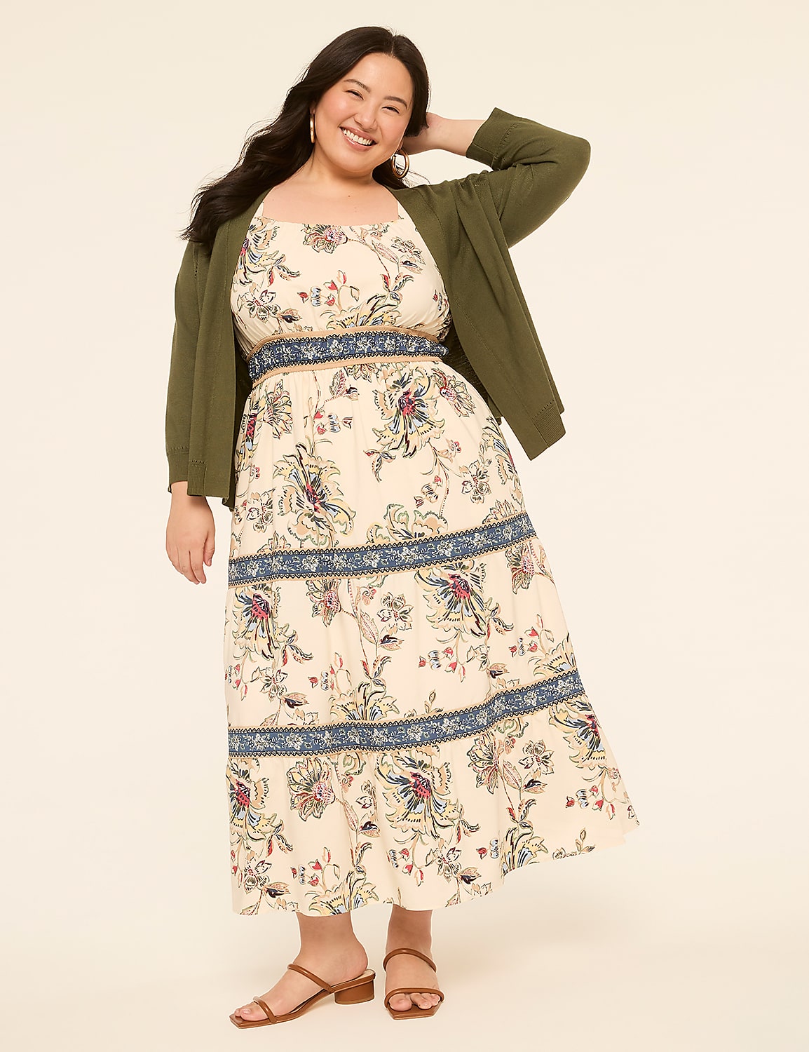 A woman in a floral dress and olive cardigan poses against a plain, light-colored background. Product Image 3