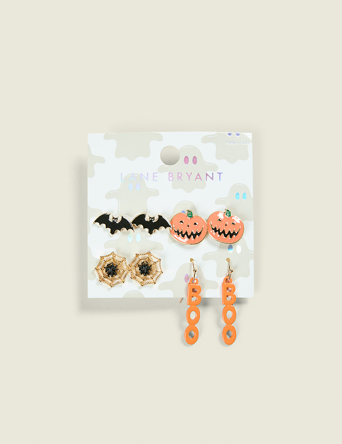 A set of Halloween-themed earrings, including bats, pumpkins, spiderwebs, and "BOO" designs, are displayed on a white card with a ghost pattern against a light gray background. Product Image 1