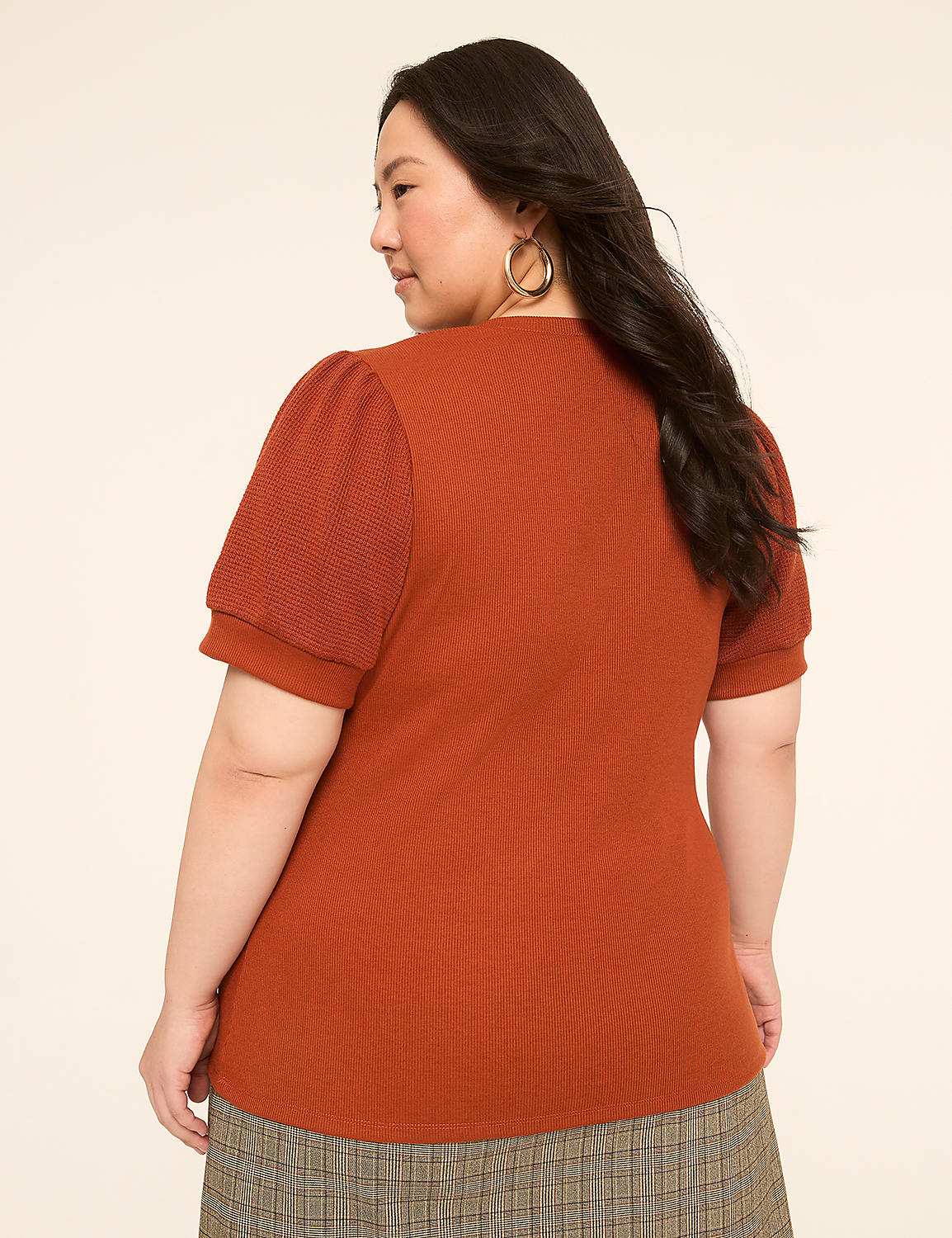 Fitted Puff-Sleeve Notch-Neck Rib Top - thumbnail 5