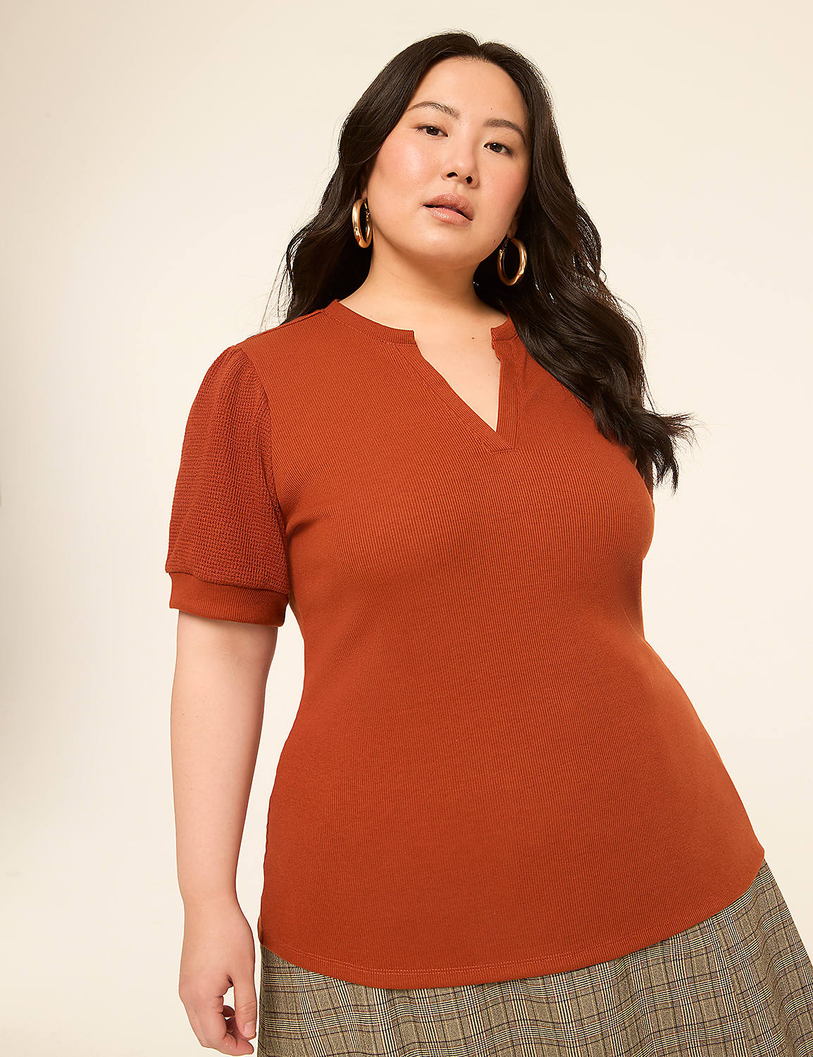 Fitted Puff-Sleeve Notch-Neck Rib Top - thumbnail 4