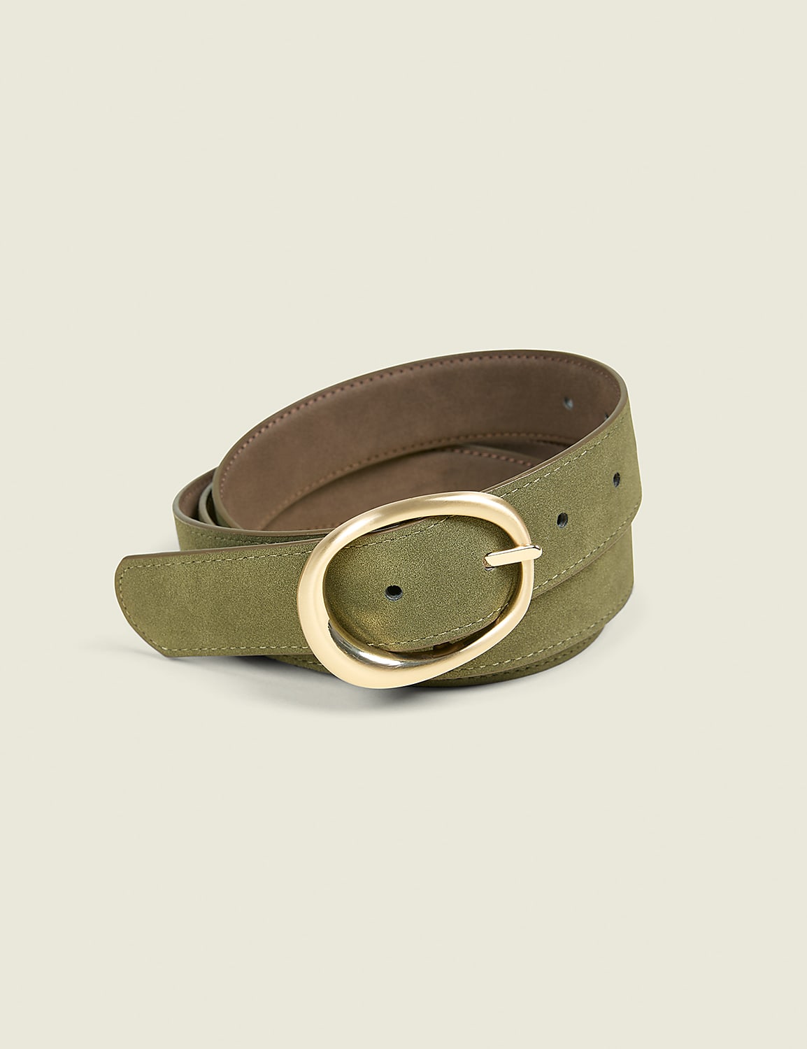 A green suede belt with a gold oval buckle lies on a plain, light-colored background. Product Image 2