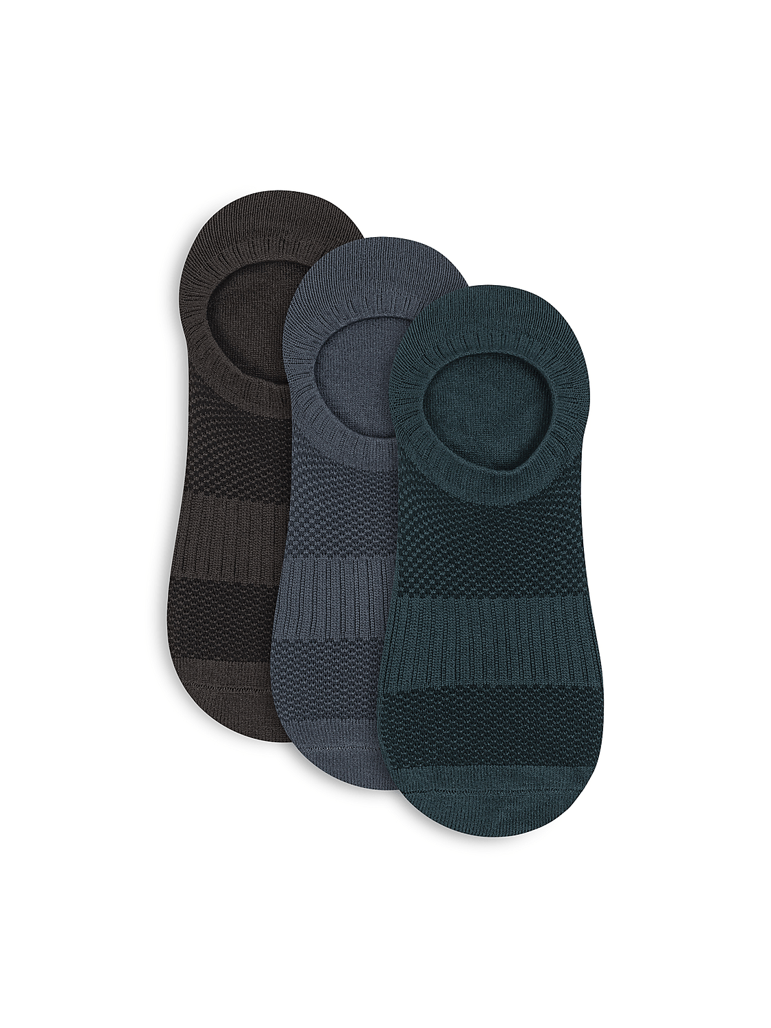 Three no-show socks in shades of brown, gray, and teal are arranged in a row against a plain white background. Product Image 2