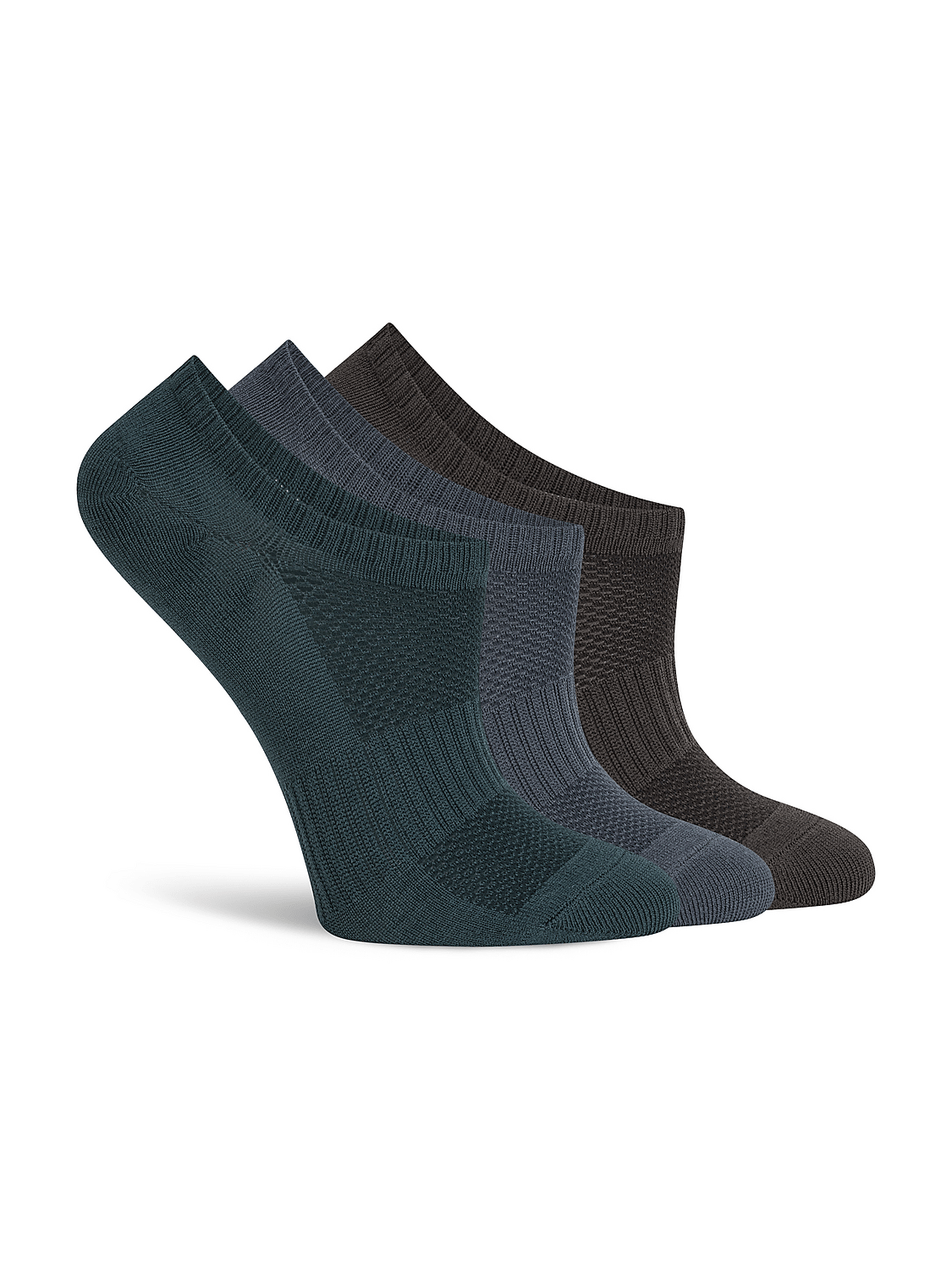 Three no-show socks in teal, gray, and brown are arranged in a row against a plain white background. Product Image 3