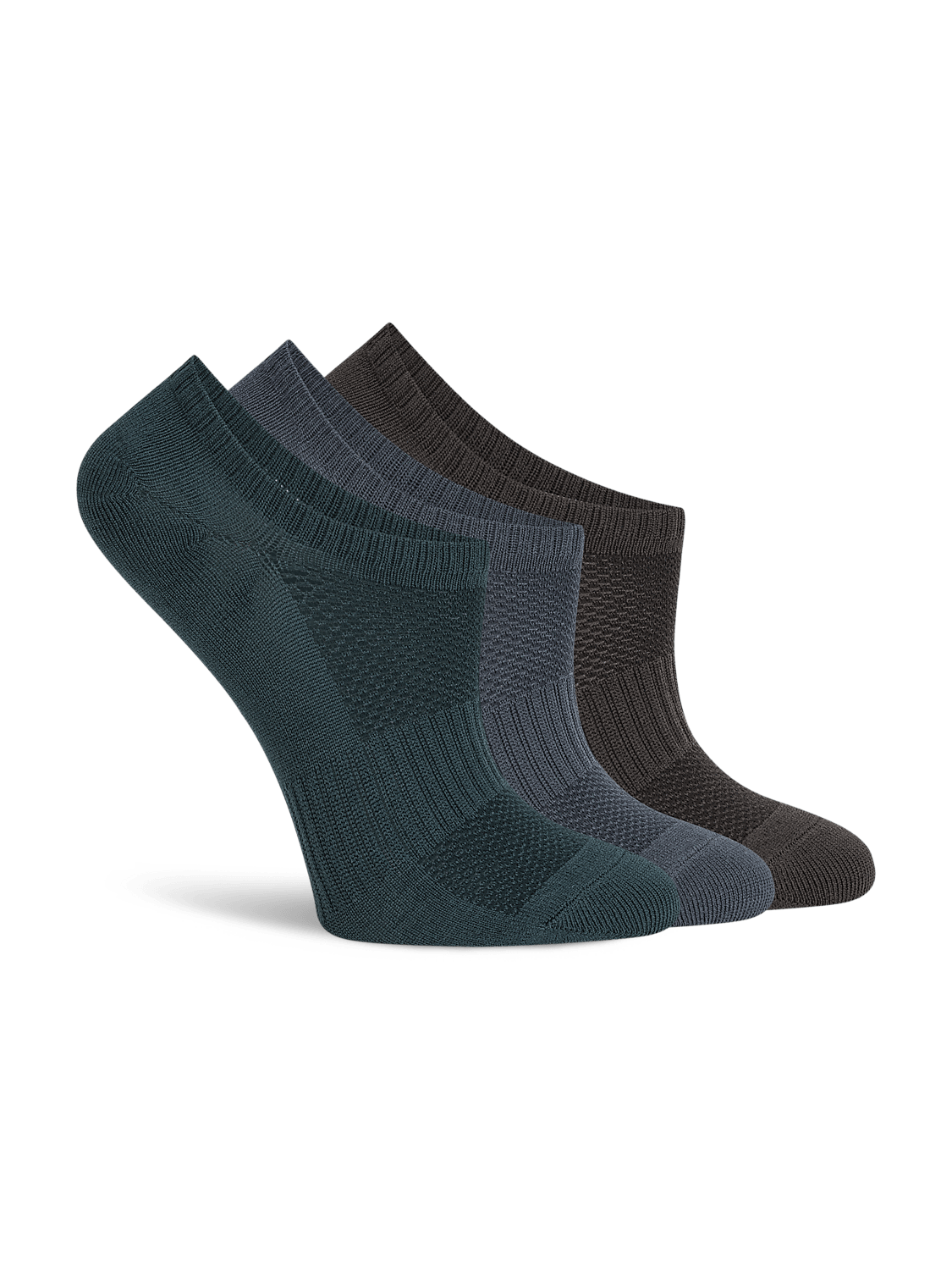 Three pairs of low-cut socks in teal, grey, and brown are arranged in a row against a plain white background. Product Image 4
