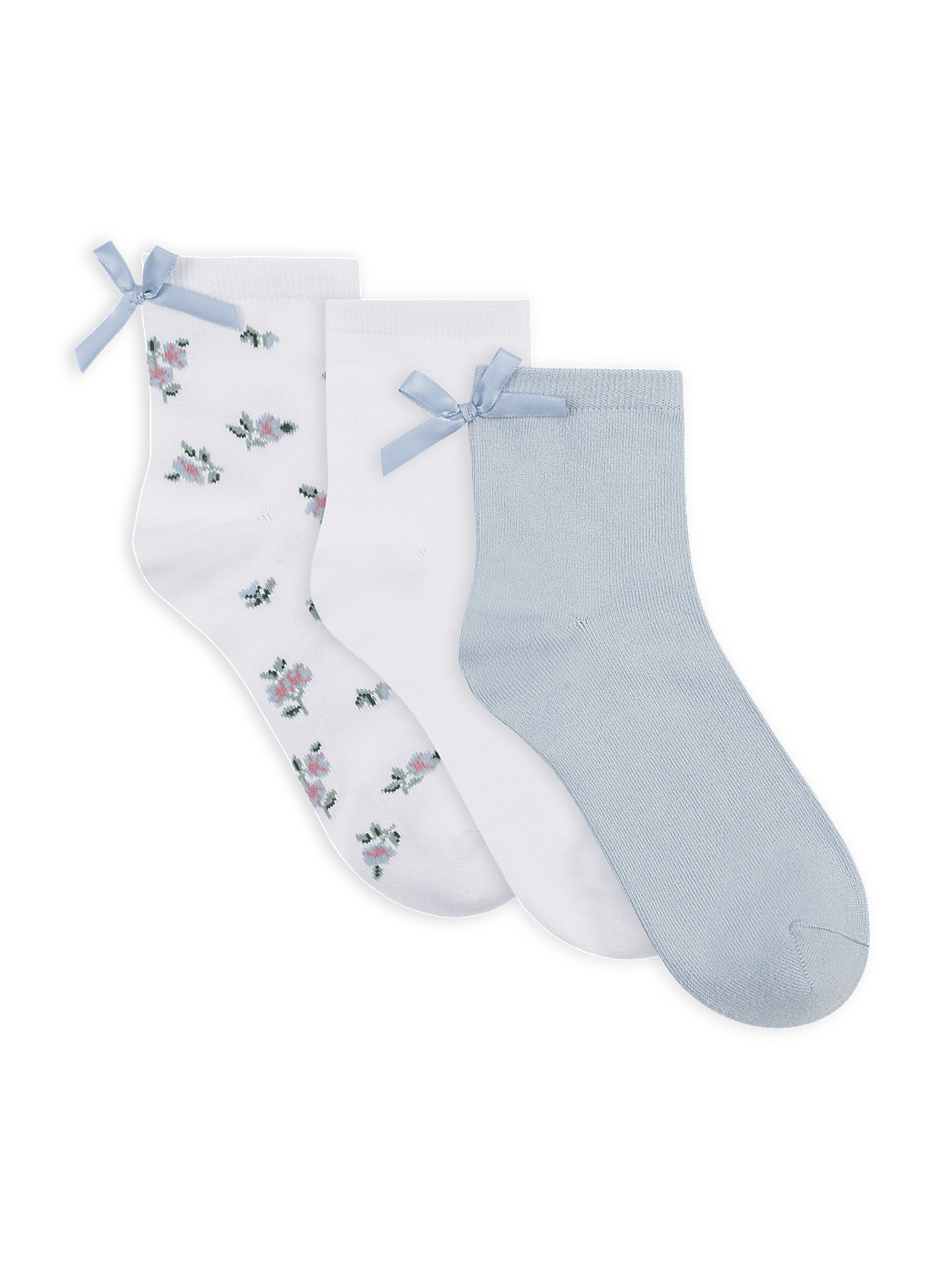Three pairs of white and light blue ankle socks with floral patterns and light blue bows are arranged in the foreground against a plain white background. Product Image 2