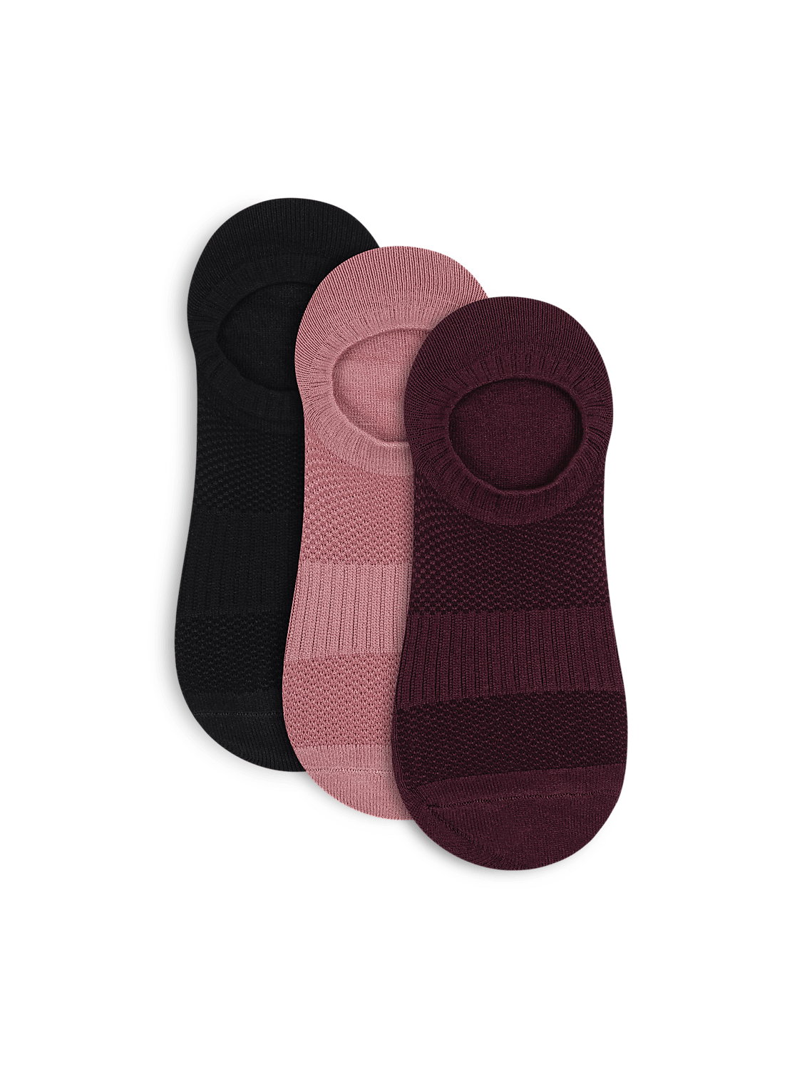 Three no-show socks in black, pink, and burgundy are arranged on a white background. Product Image 2