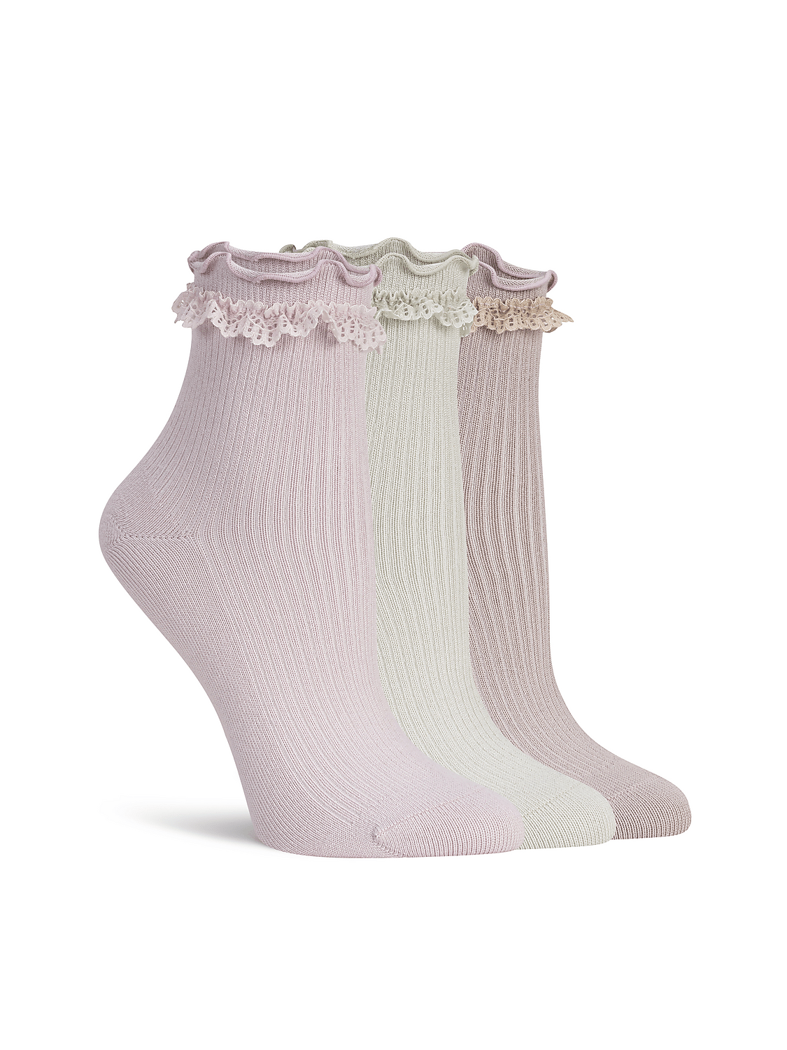 Three pastel-colored ankle socks with ruffled lace trim stand in the foreground against a plain white background. Product Image 1