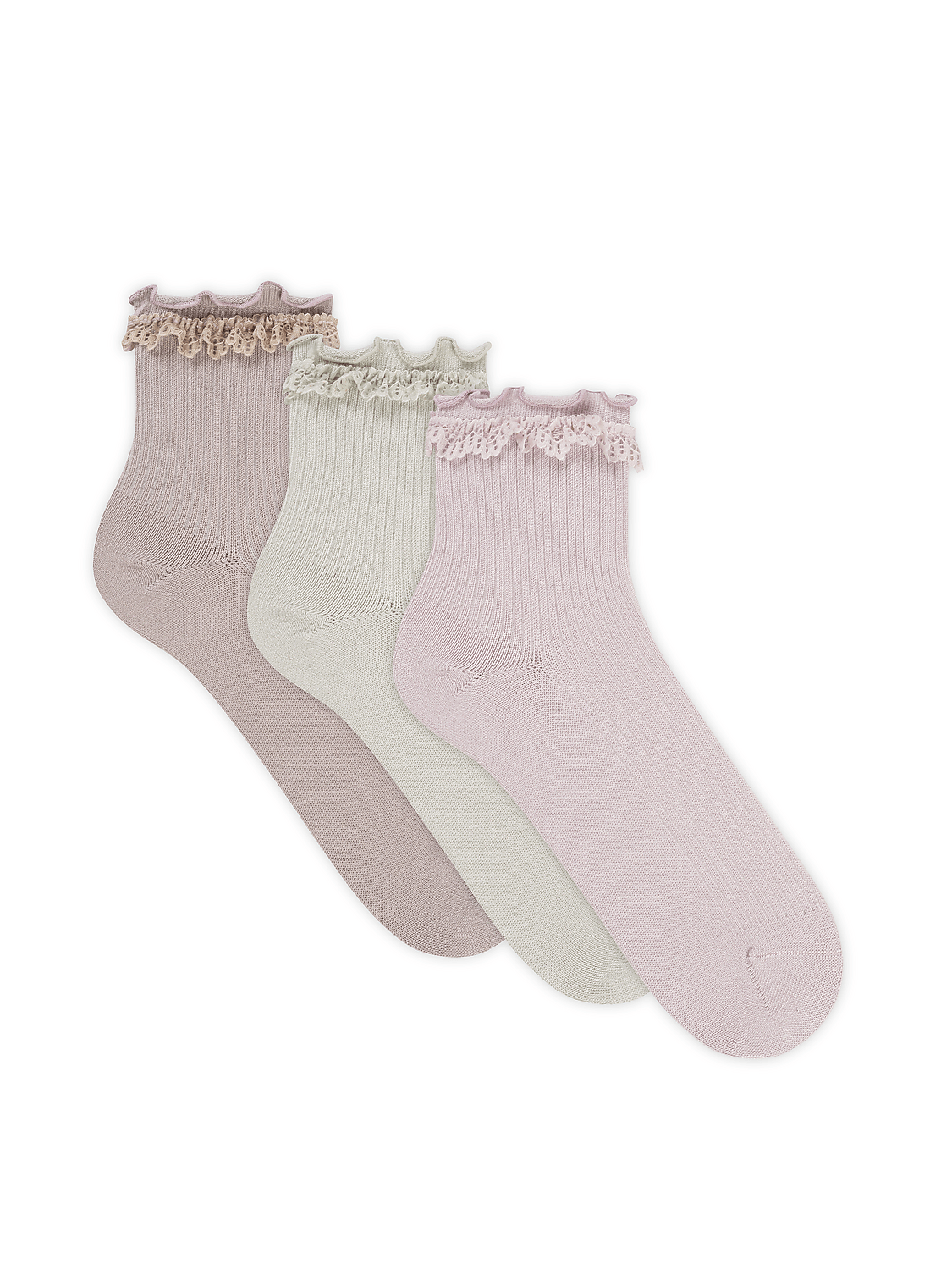 Three pairs of pastel-colored ankle socks with ruffled lace trim are arranged diagonally against a plain white background. Product Image 2